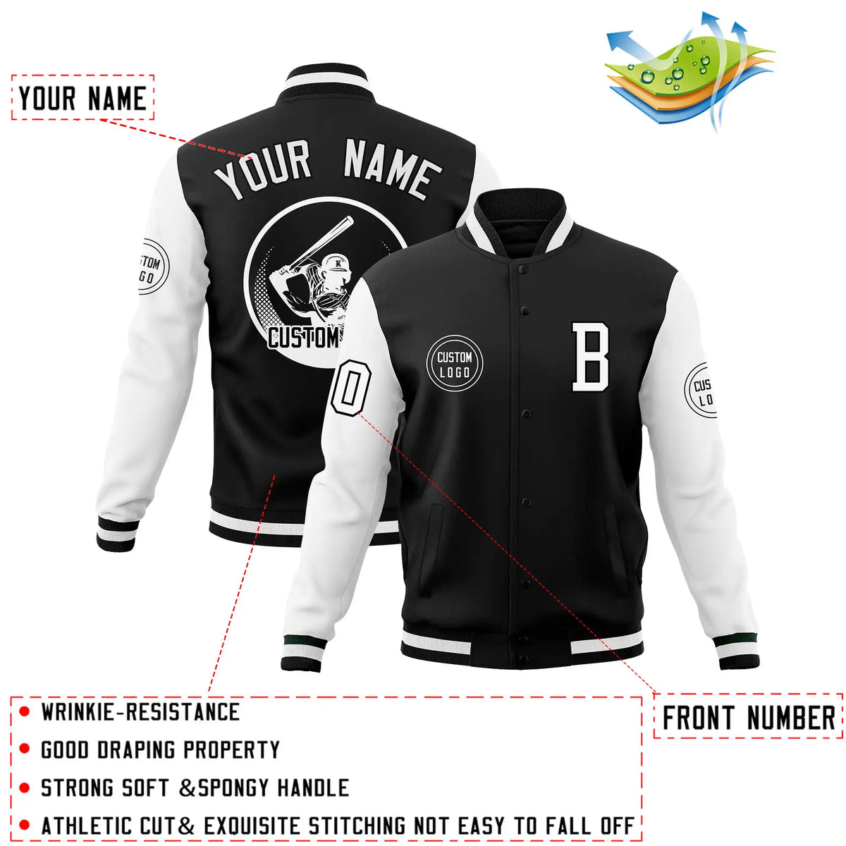 Custom Black White Bomber Full-Snap Varsity Letterman Two Tone Jacket