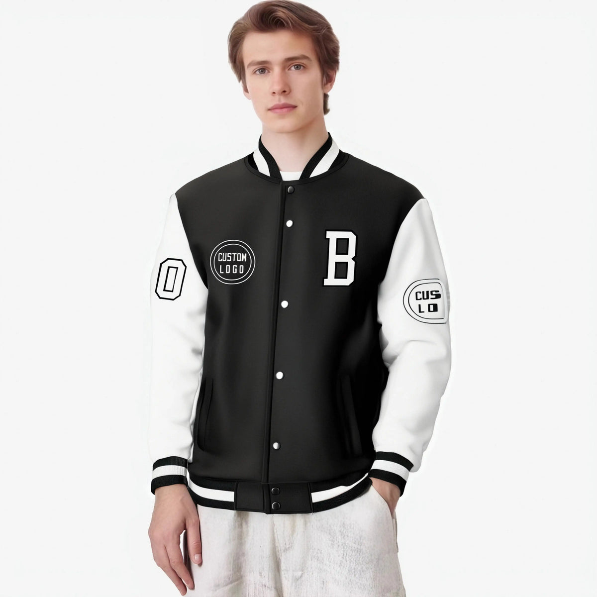 Custom Black White Bomber Full-Snap Varsity Letterman Two Tone Jacket