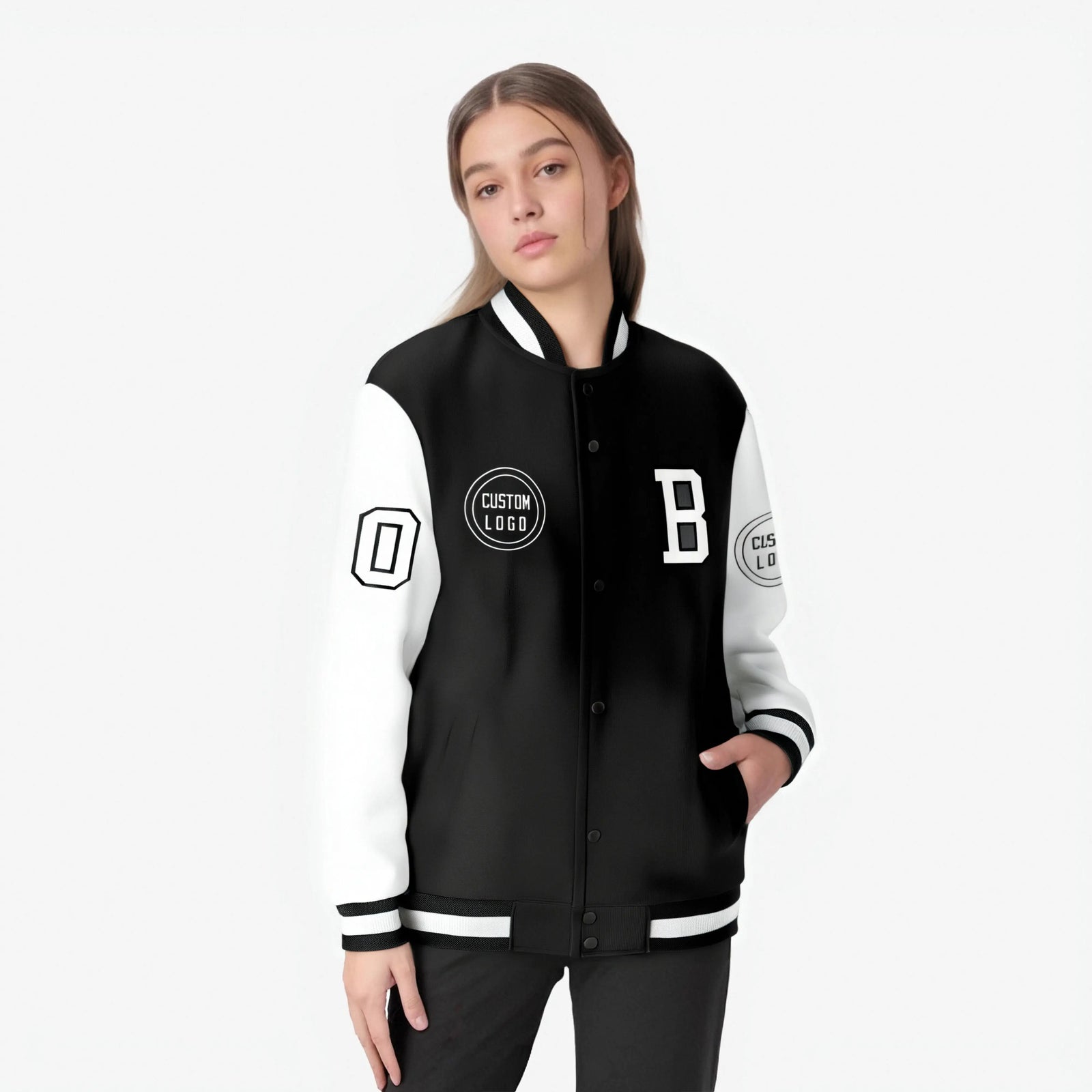 Custom Black White Bomber Full-Snap Varsity Letterman Two Tone Jacket