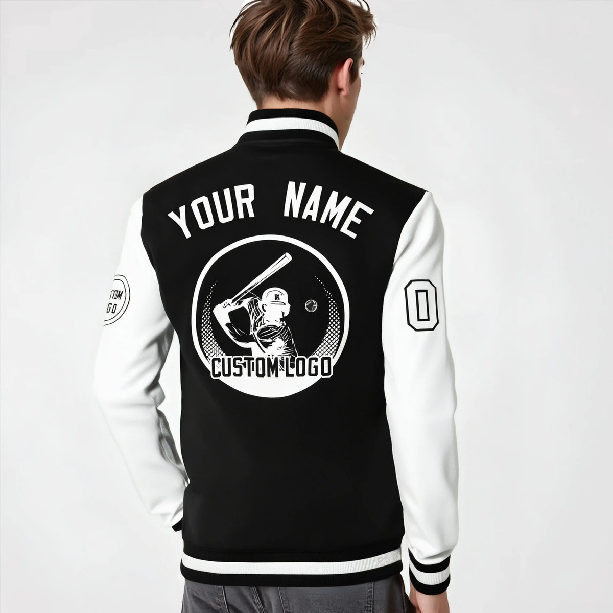 Custom Black White Bomber Full-Snap Varsity Letterman Two Tone Jacket
