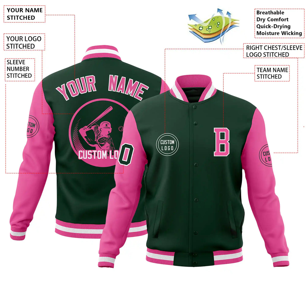 Custom Green Pink Bomber Full-Snap Varsity Letterman Two Tone Jacket