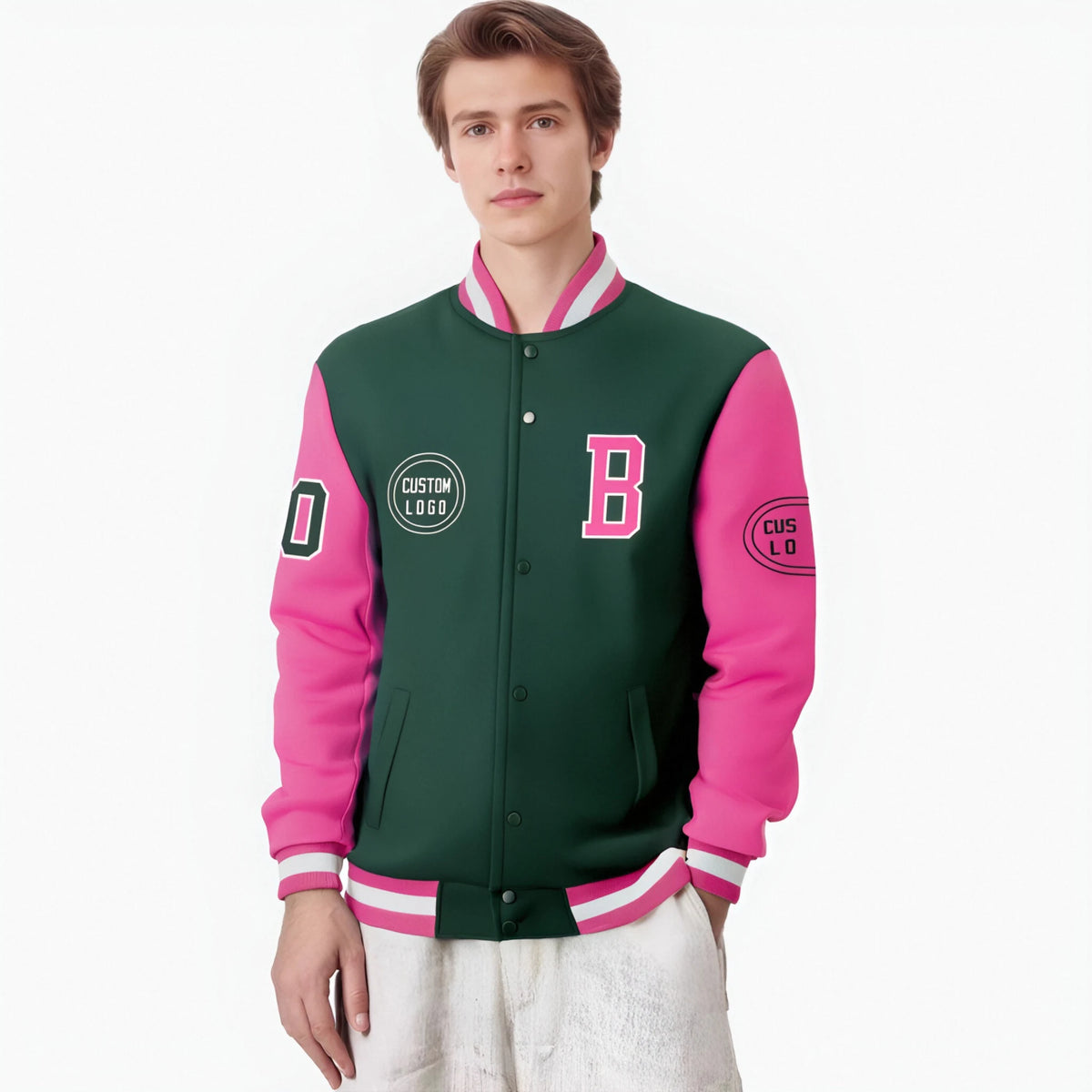 Custom Green Pink Bomber Full-Snap Varsity Letterman Two Tone Jacket