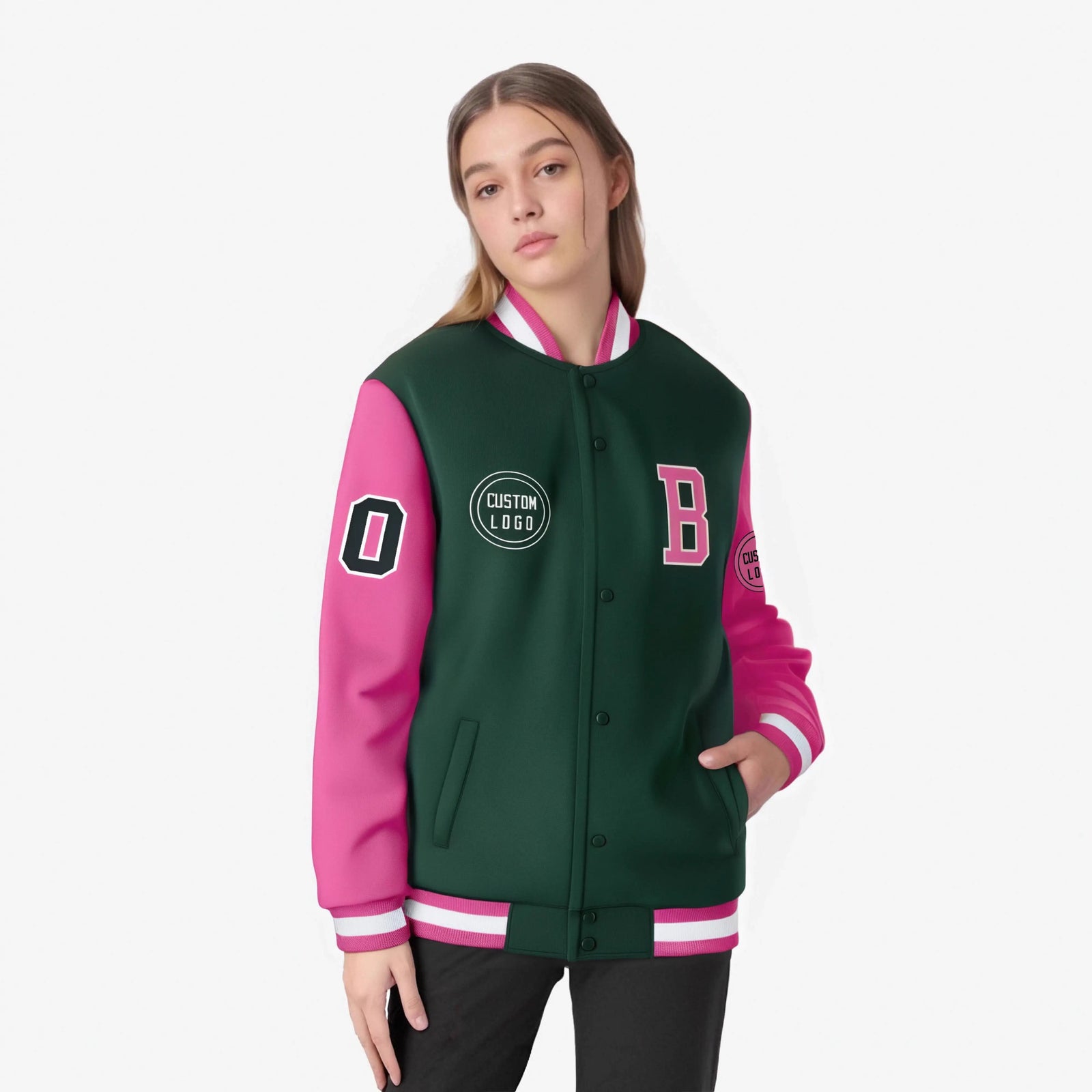 Custom Green Pink Bomber Full-Snap Varsity Letterman Two Tone Jacket