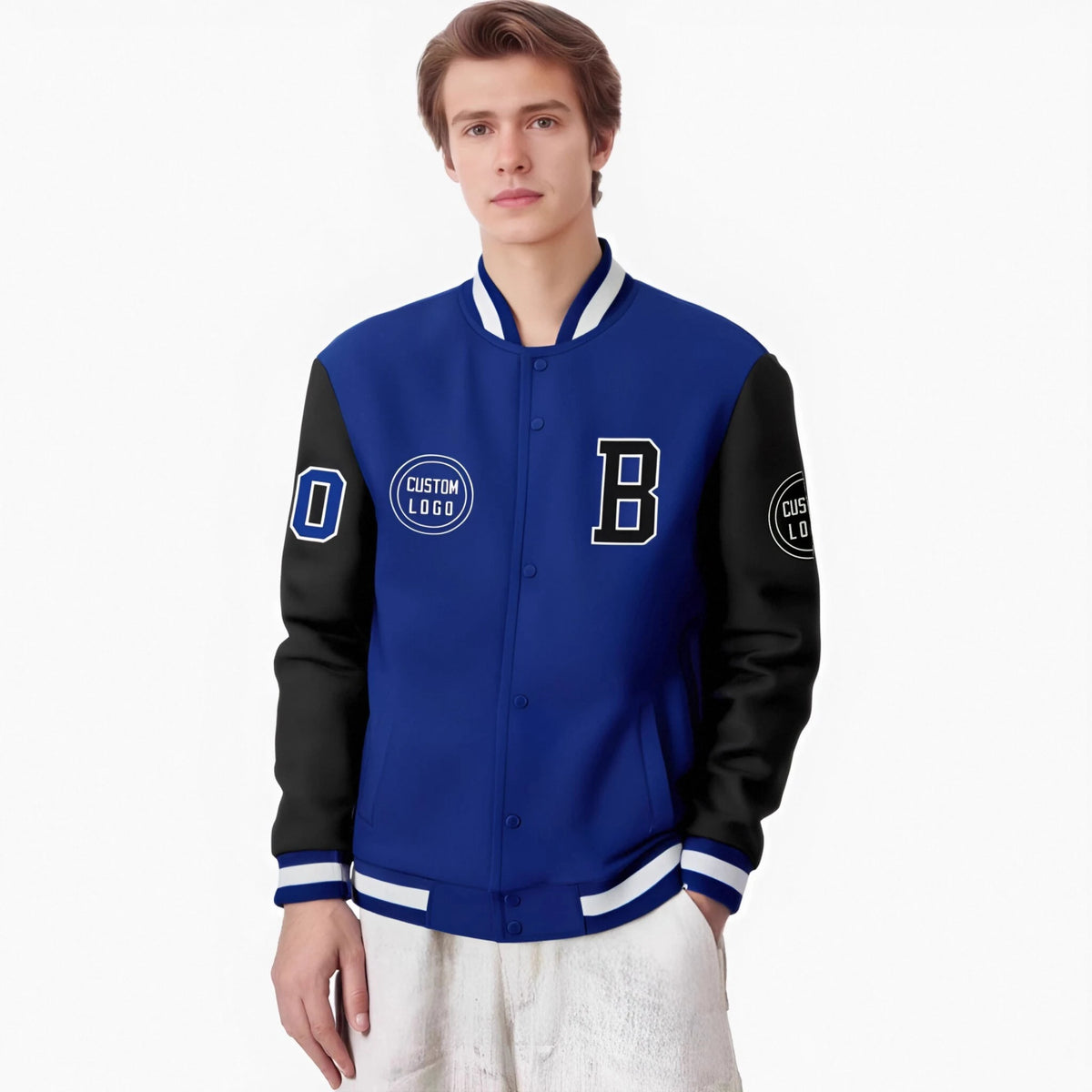 Custom Royal Blue White Bomber Full-Snap Varsity Letterman Two Tone Jacket