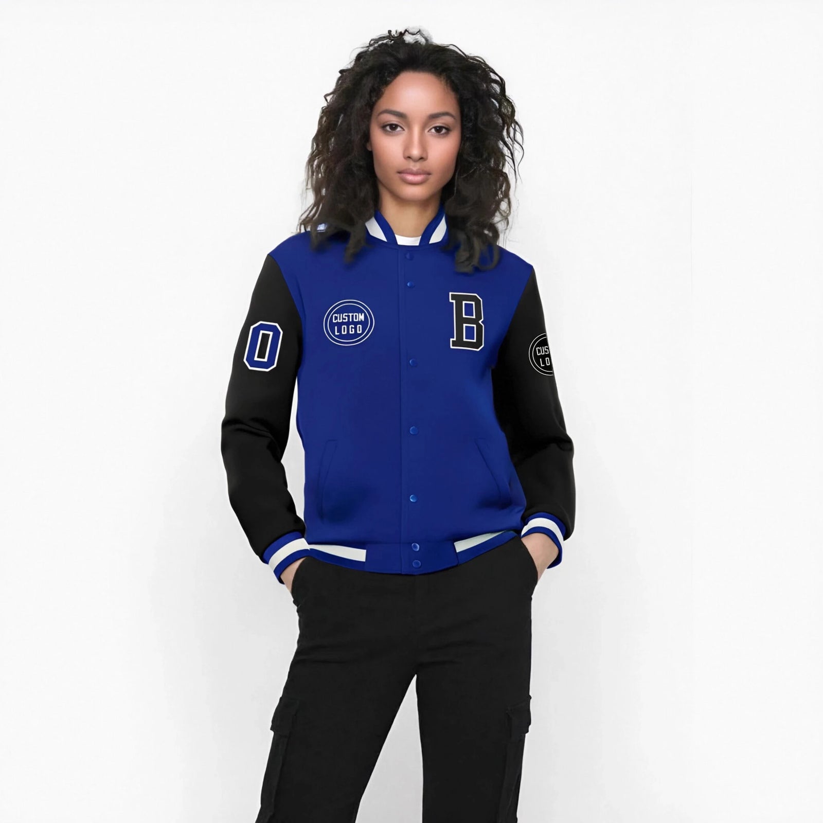 Custom Royal Blue White Bomber Full-Snap Varsity Letterman Two Tone Jacket