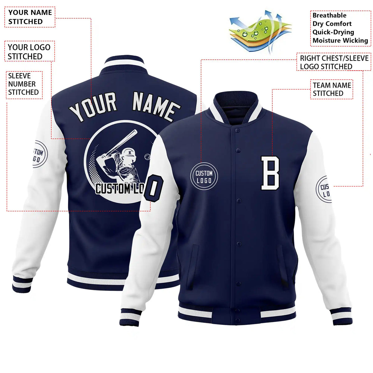 Custom Navy White Bomber Full-Snap Varsity Letterman Two Tone Jacket