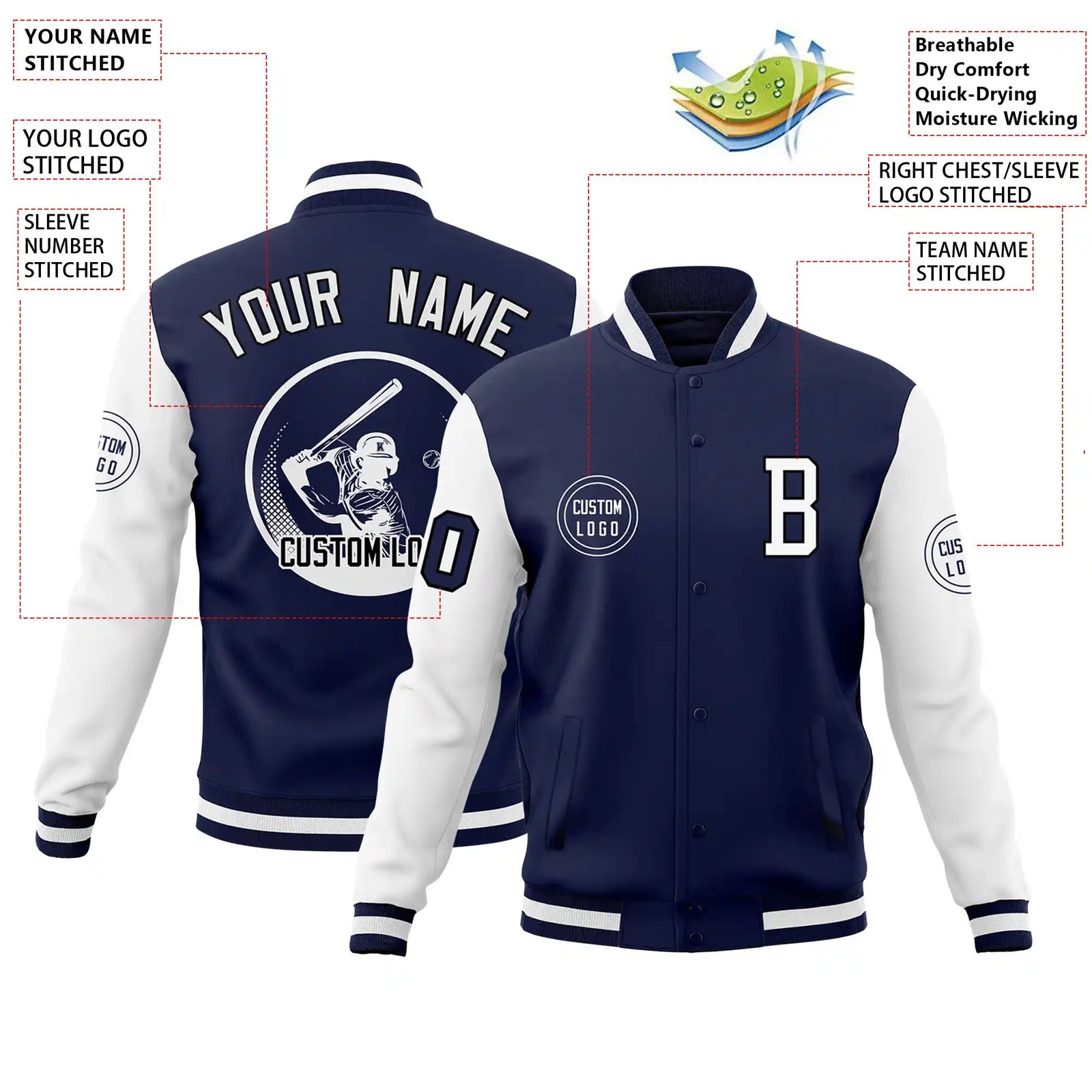 Custom Navy White Bomber Full-Snap Varsity Letterman Two Tone Jacket
