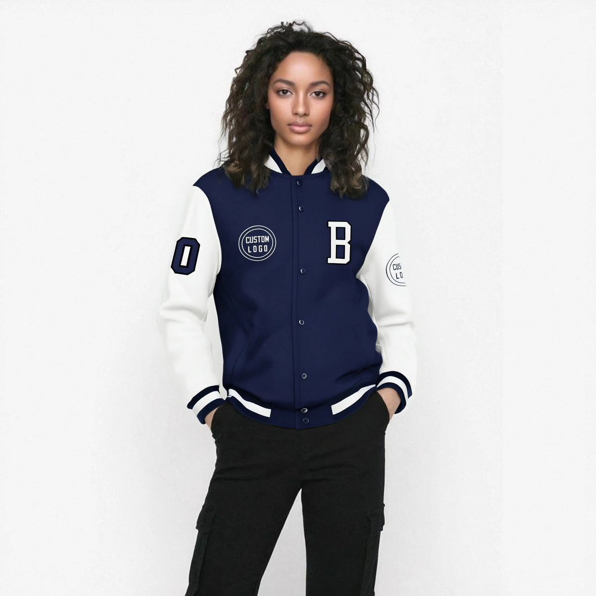 Custom Navy White Bomber Full-Snap Varsity Letterman Two Tone Jacket