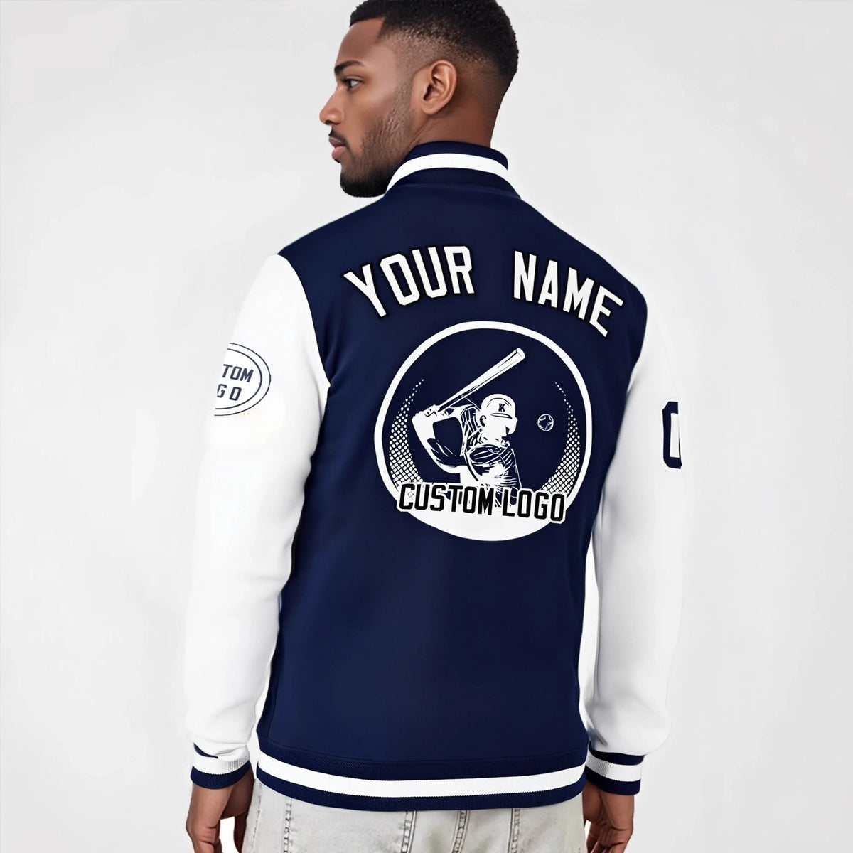 Custom Navy White Bomber Full-Snap Varsity Letterman Two Tone Jacket