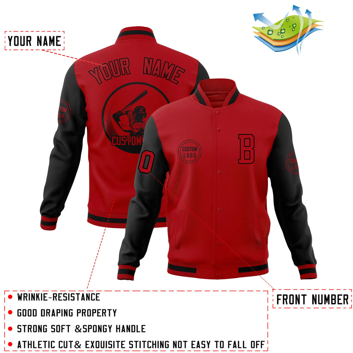 Custom Red Black Bomber Full-Snap Varsity Letterman Two Tone Jacket