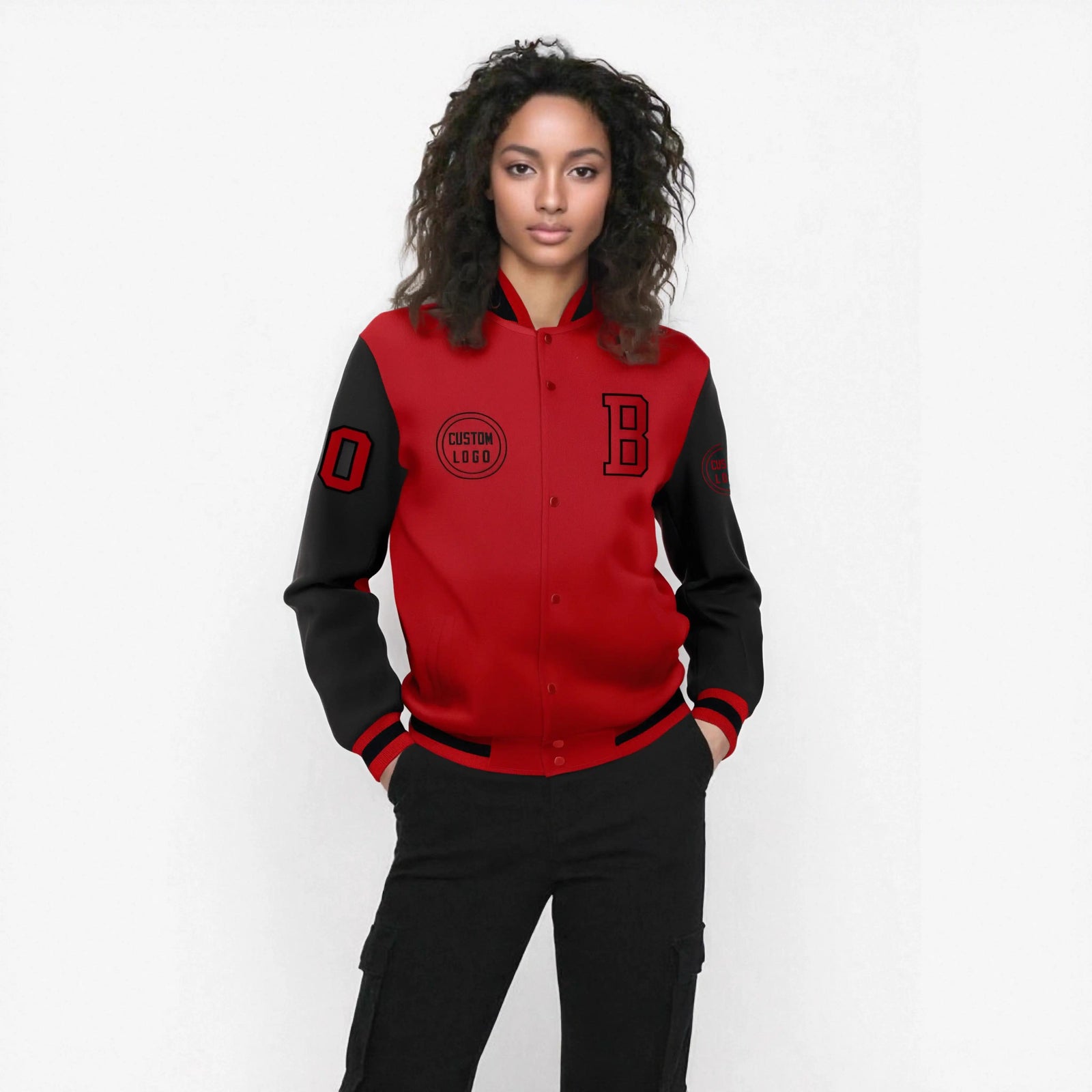 Custom Red Black Bomber Full-Snap Varsity Letterman Two Tone Jacket