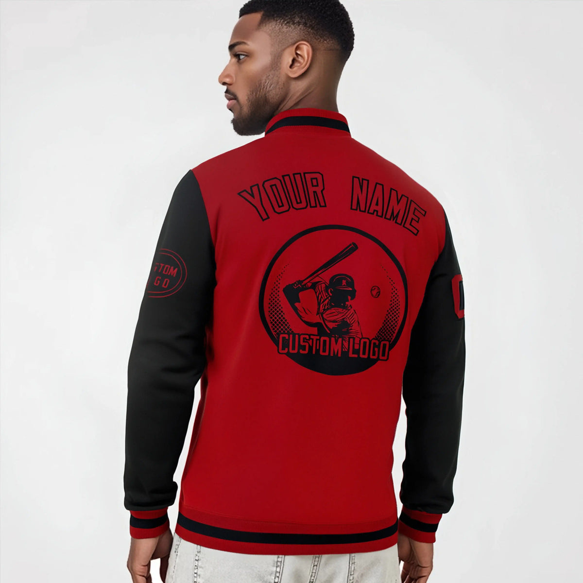 Custom Red Black Bomber Full-Snap Varsity Letterman Two Tone Jacket