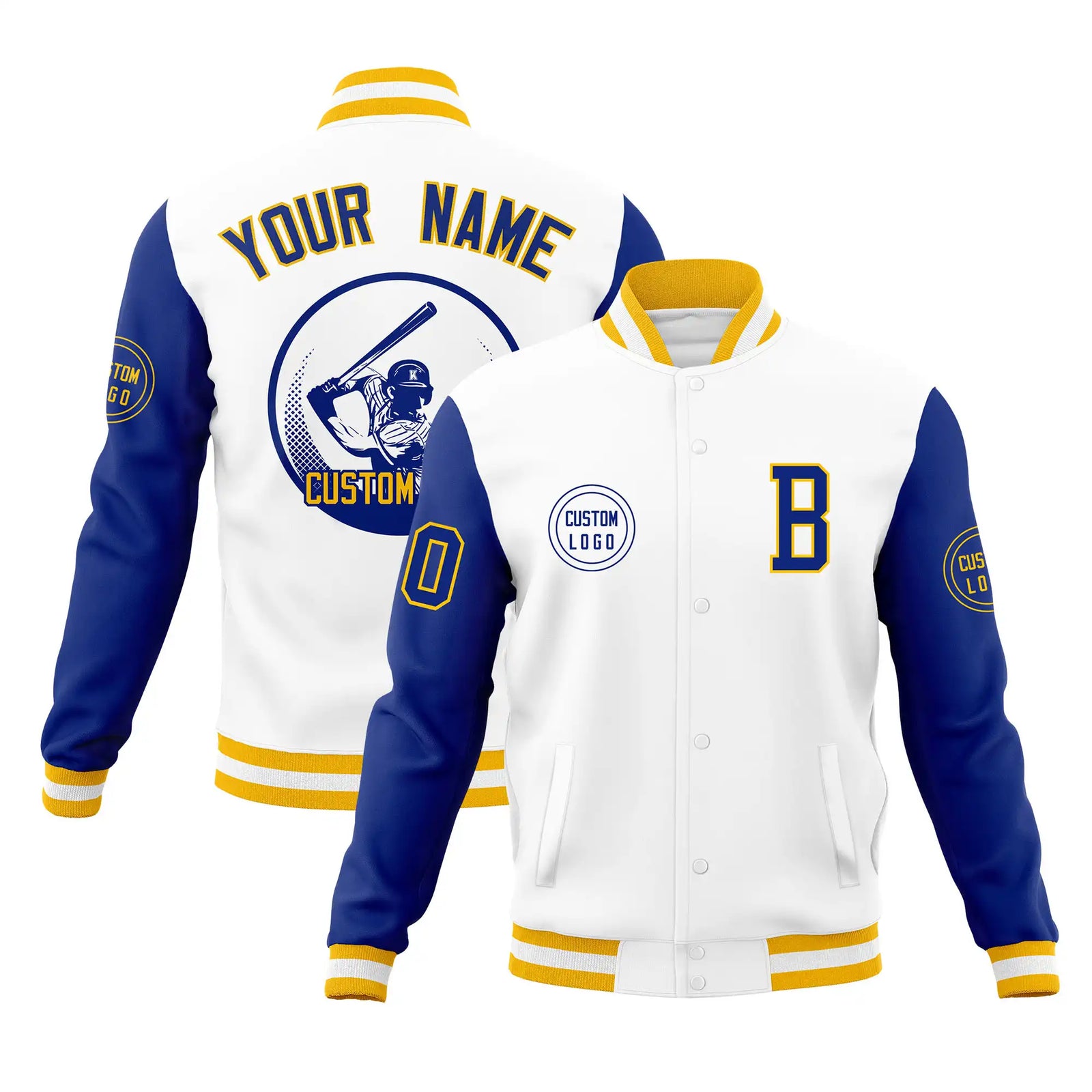 Custom White Royal Blue Bomber Full-Snap Varsity Letterman Two Tone Jacket