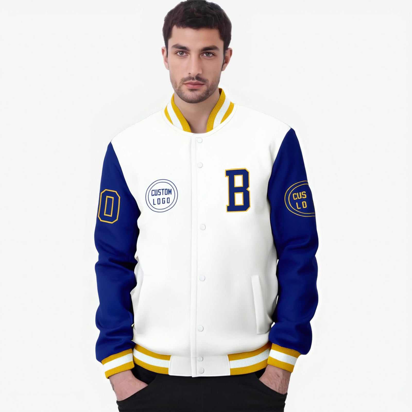 Custom White Royal Blue Bomber Full-Snap Varsity Letterman Two Tone Jacket