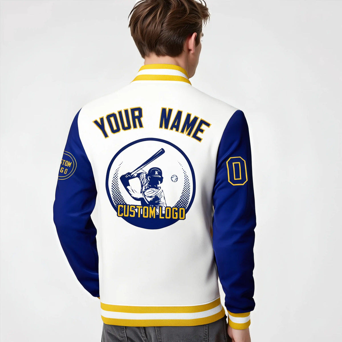Custom White Royal Blue Bomber Full-Snap Varsity Letterman Two Tone Jacket