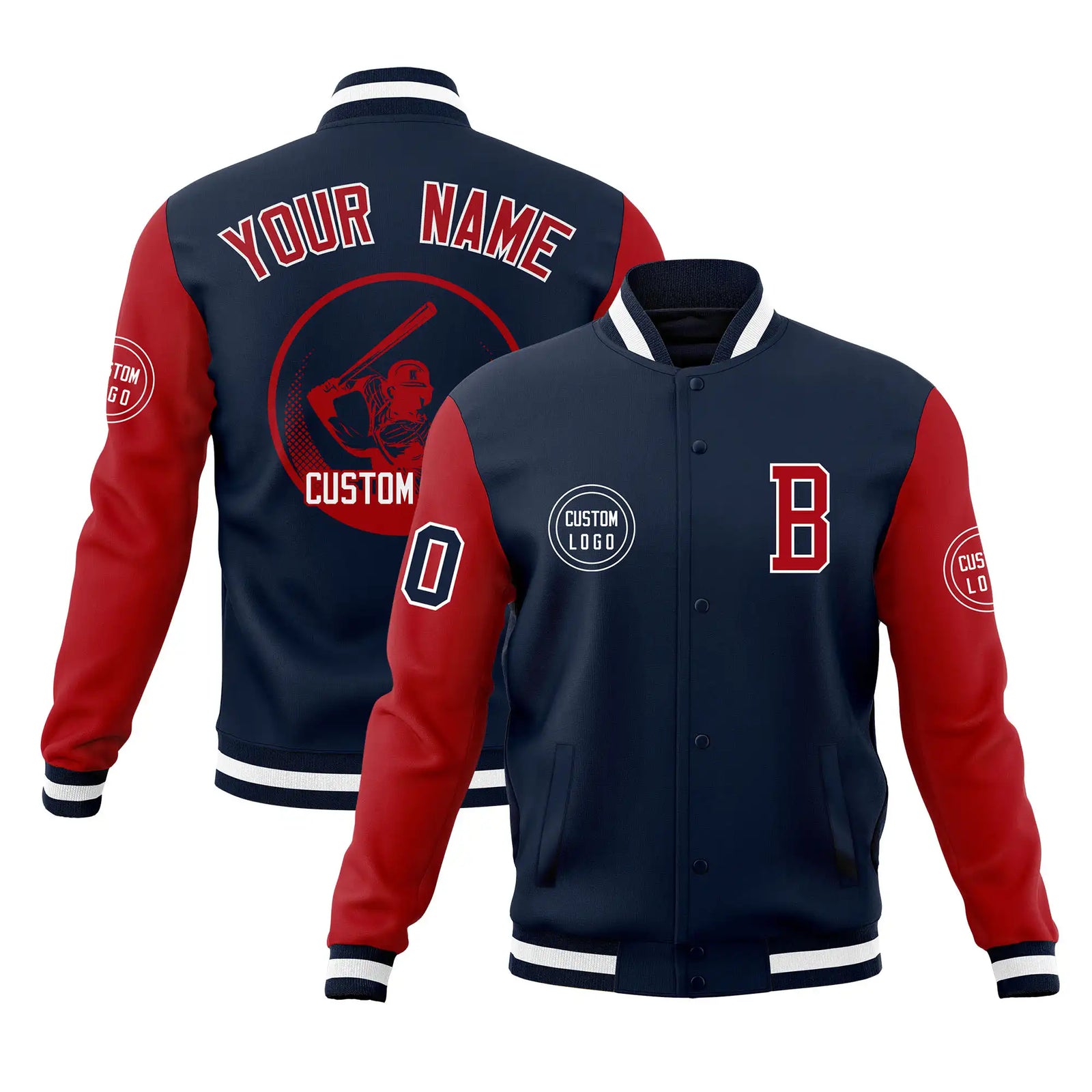 Custom Navy Red Bomber Full-Snap Varsity Letterman Two Tone Jacket