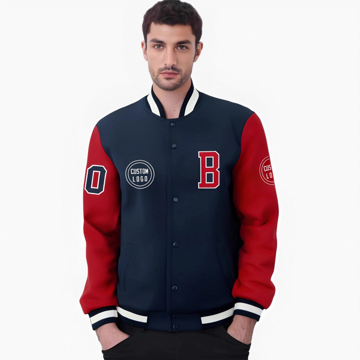 Custom Navy Red Bomber Full-Snap Varsity Letterman Two Tone Jacket