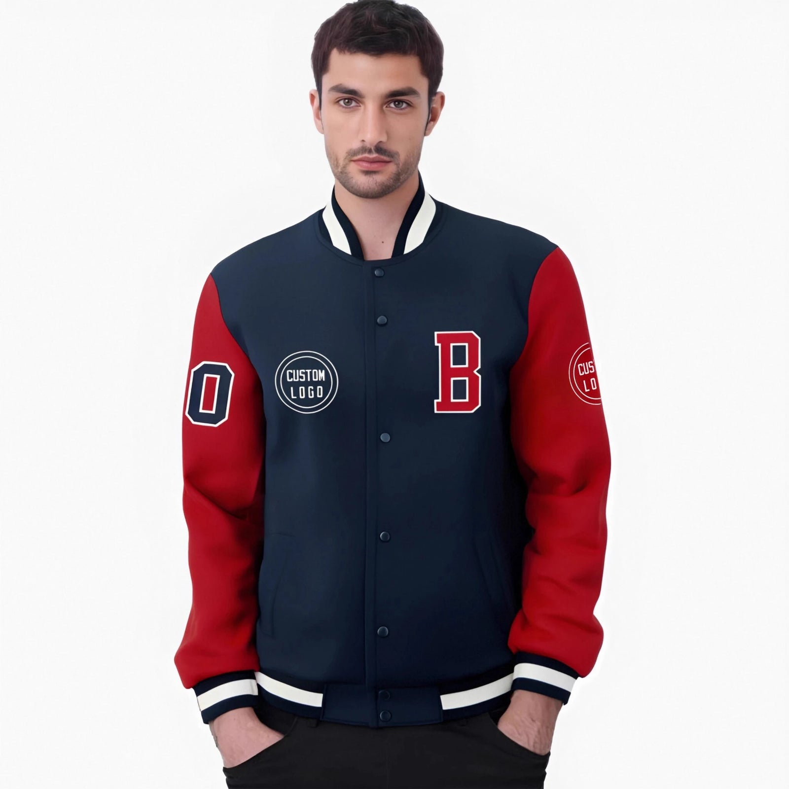 Custom Navy Red Bomber Full-Snap Varsity Letterman Two Tone Jacket