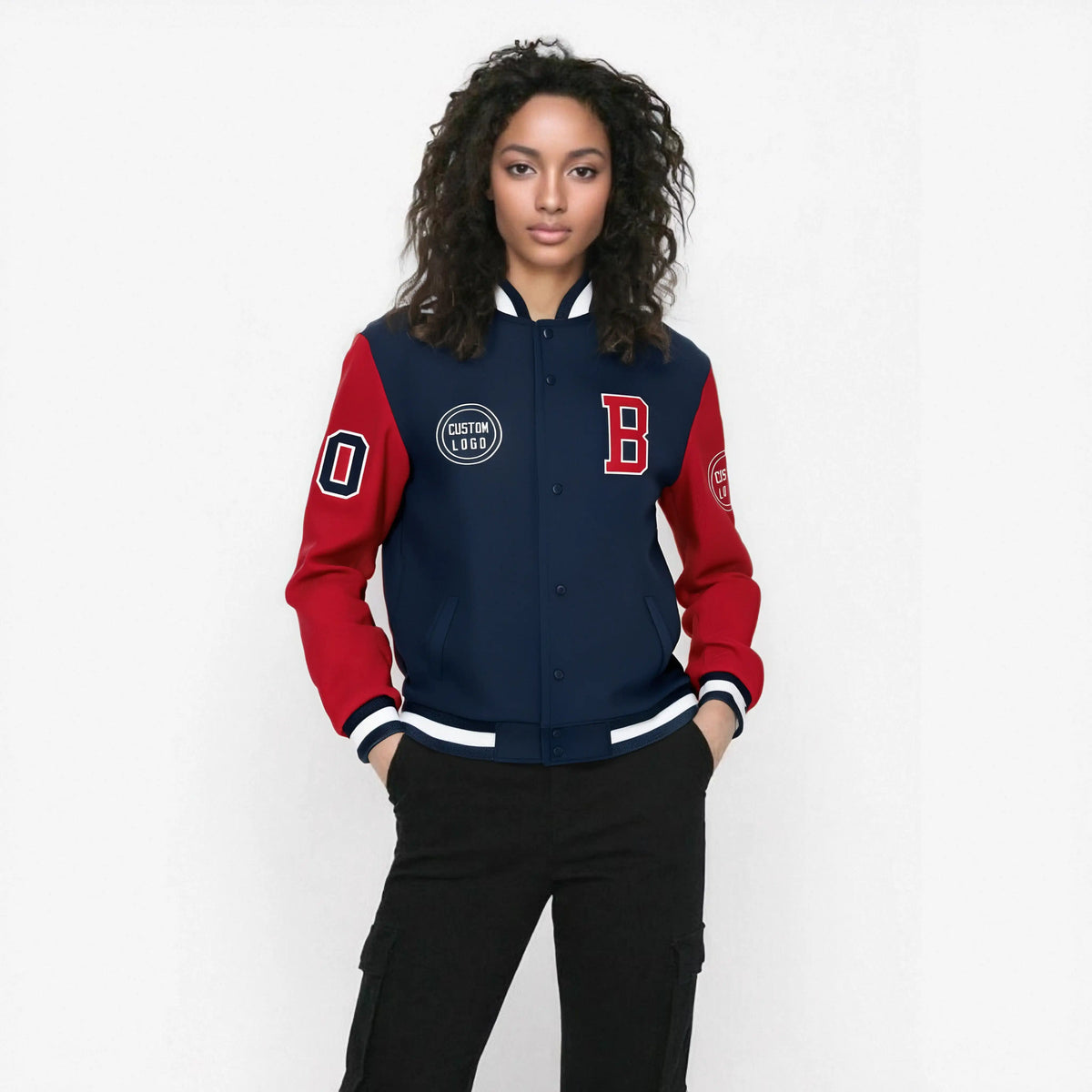 Custom Navy Red Bomber Full-Snap Varsity Letterman Two Tone Jacket