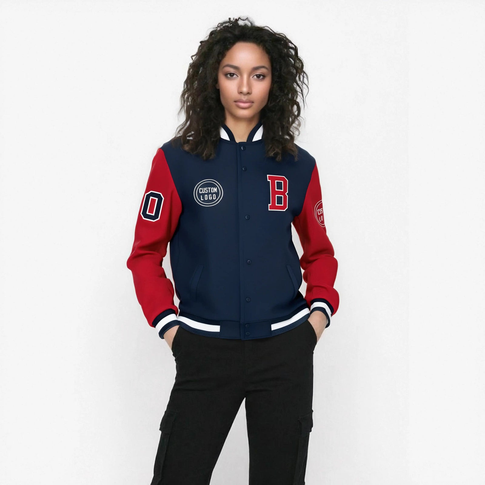 Custom Navy Red Bomber Full-Snap Varsity Letterman Two Tone Jacket