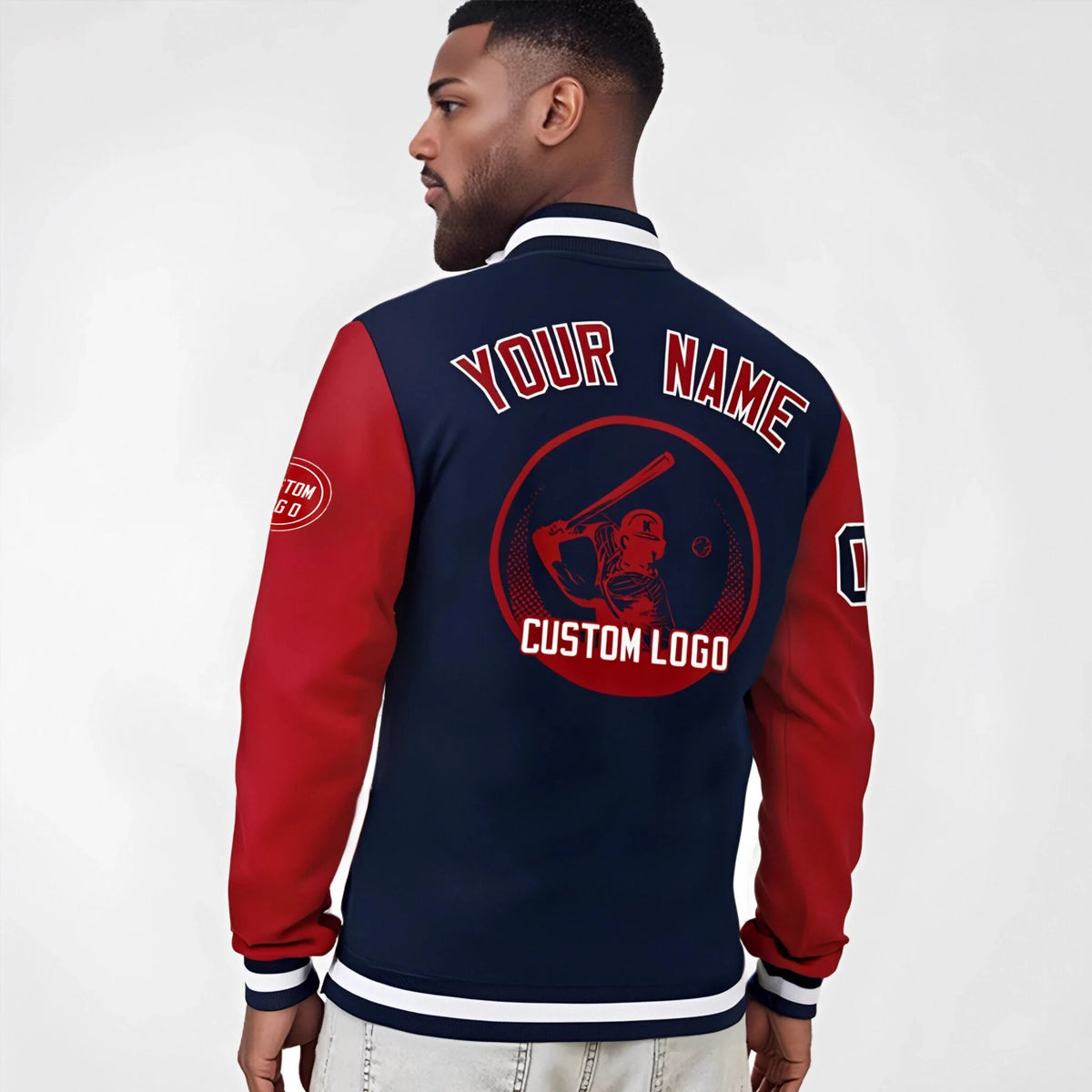 Custom Navy Red Bomber Full-Snap Varsity Letterman Two Tone Jacket
