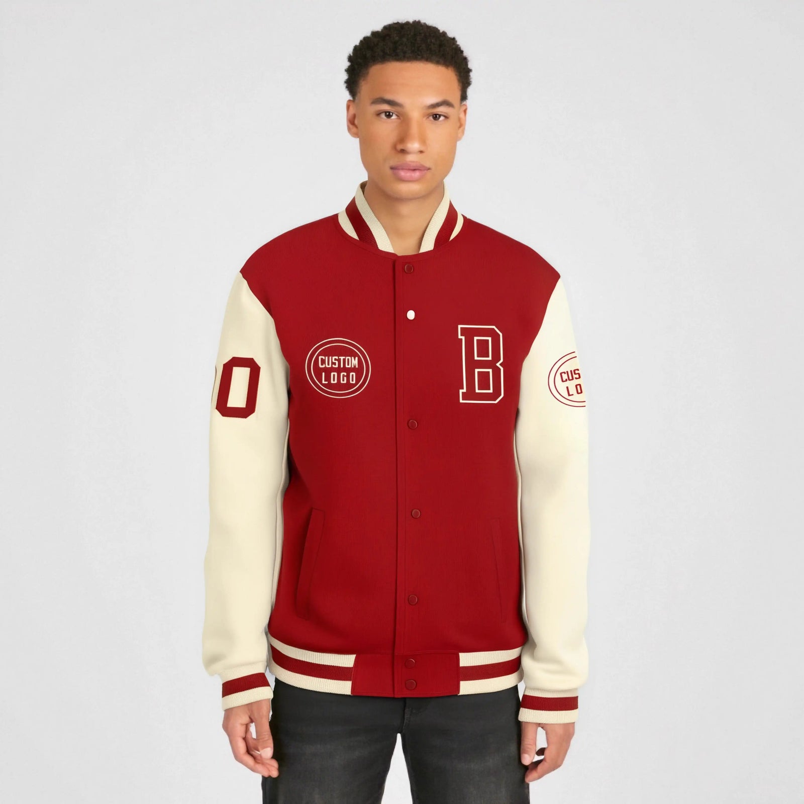 Custom Red Cream Bomber Full-Snap Varsity Letterman Two Tone Jacket