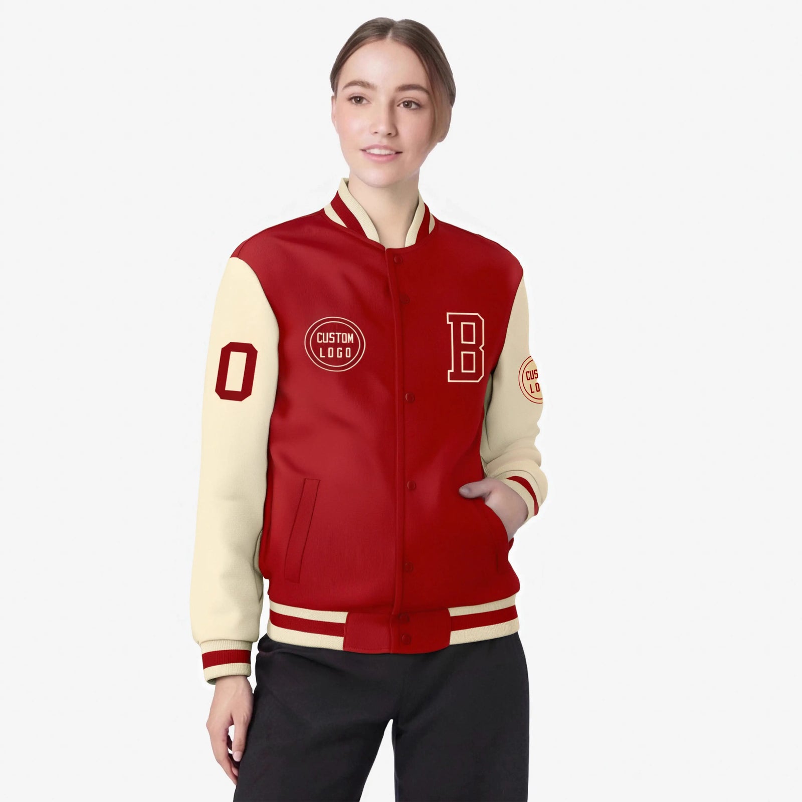 Custom Red Cream Bomber Full-Snap Varsity Letterman Two Tone Jacket