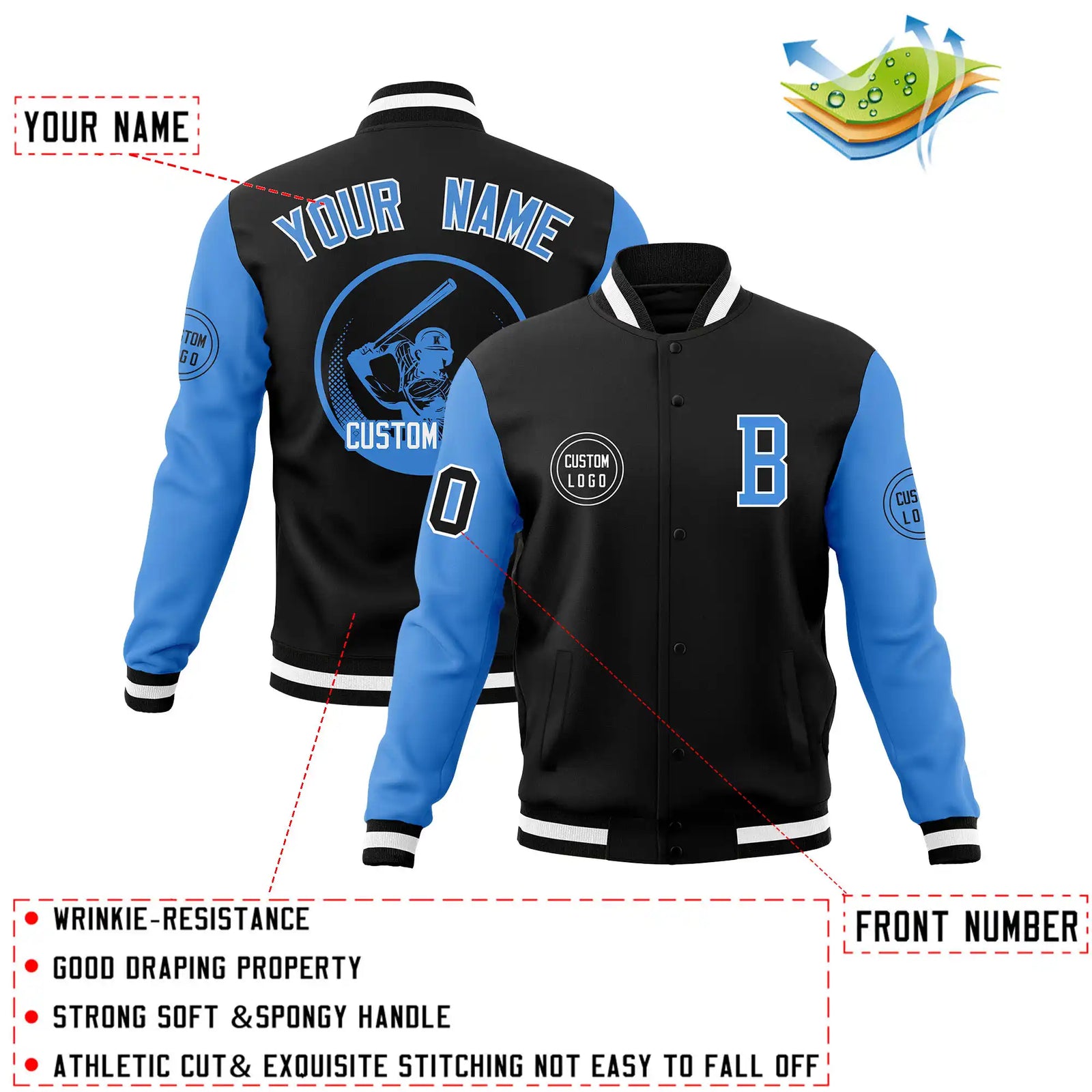 Custom Black Powder Blue Bomber Full-Snap Varsity Letterman Two Tone Jacket