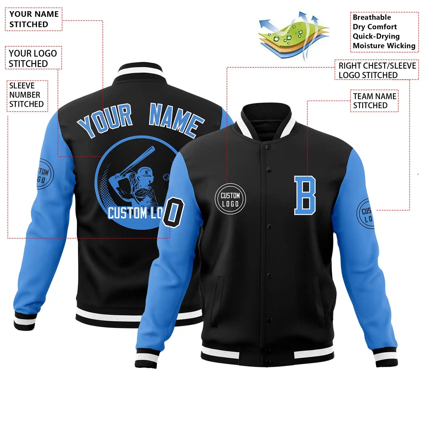 Custom Black Powder Blue Bomber Full-Snap Varsity Letterman Two Tone Jacket