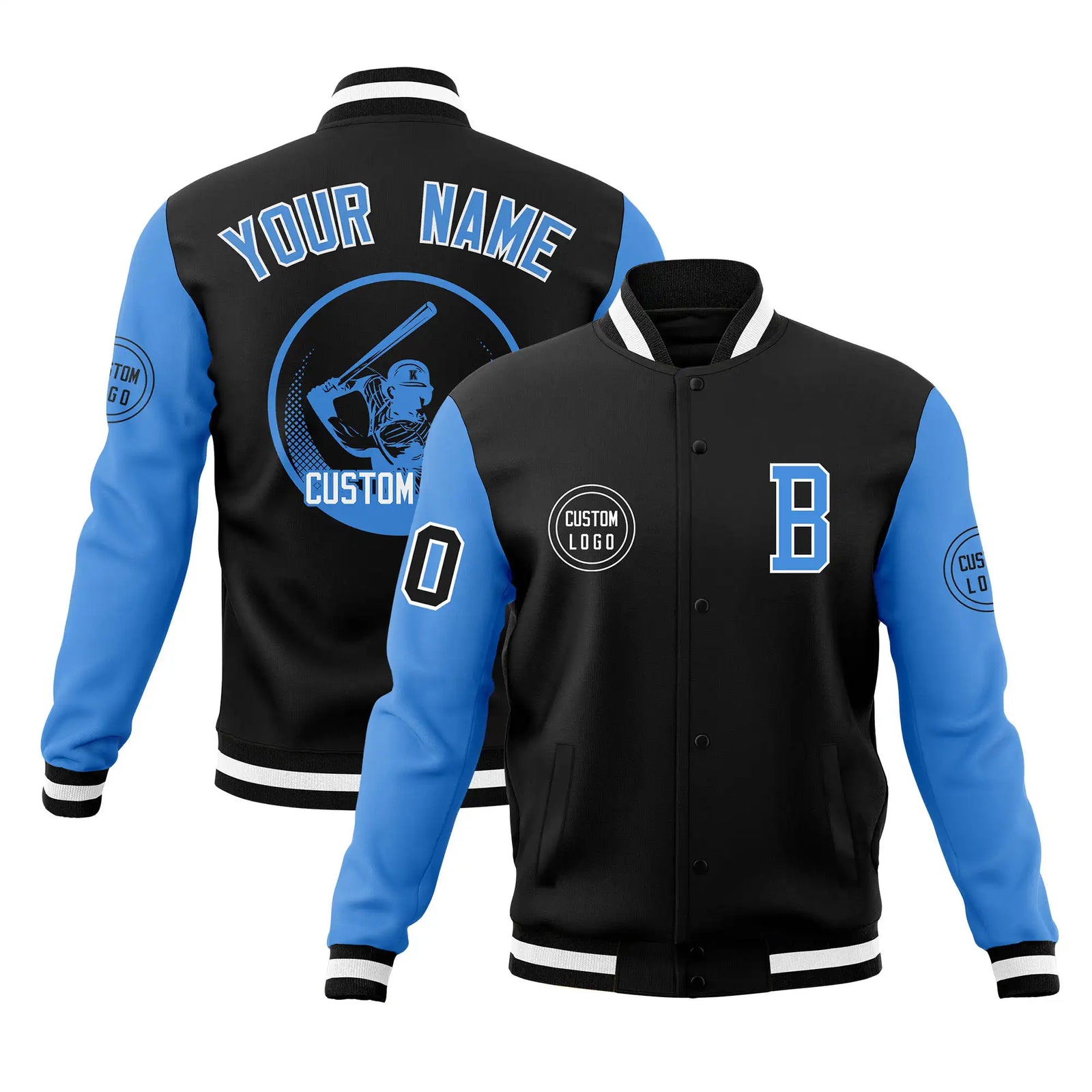 Custom Black Powder Blue Bomber Full-Snap Varsity Letterman Two Tone Jacket