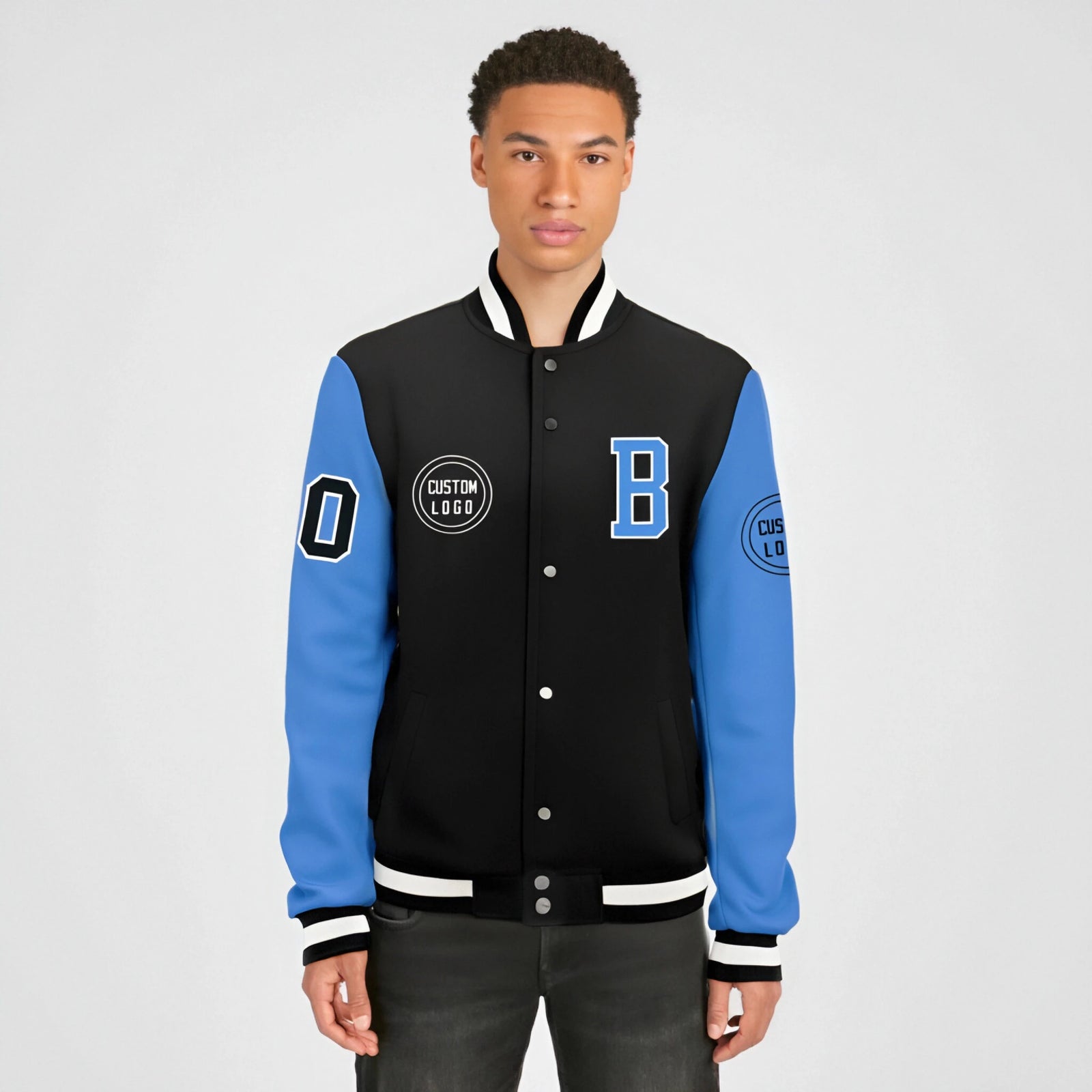 Custom Black Powder Blue Bomber Full-Snap Varsity Letterman Two Tone Jacket