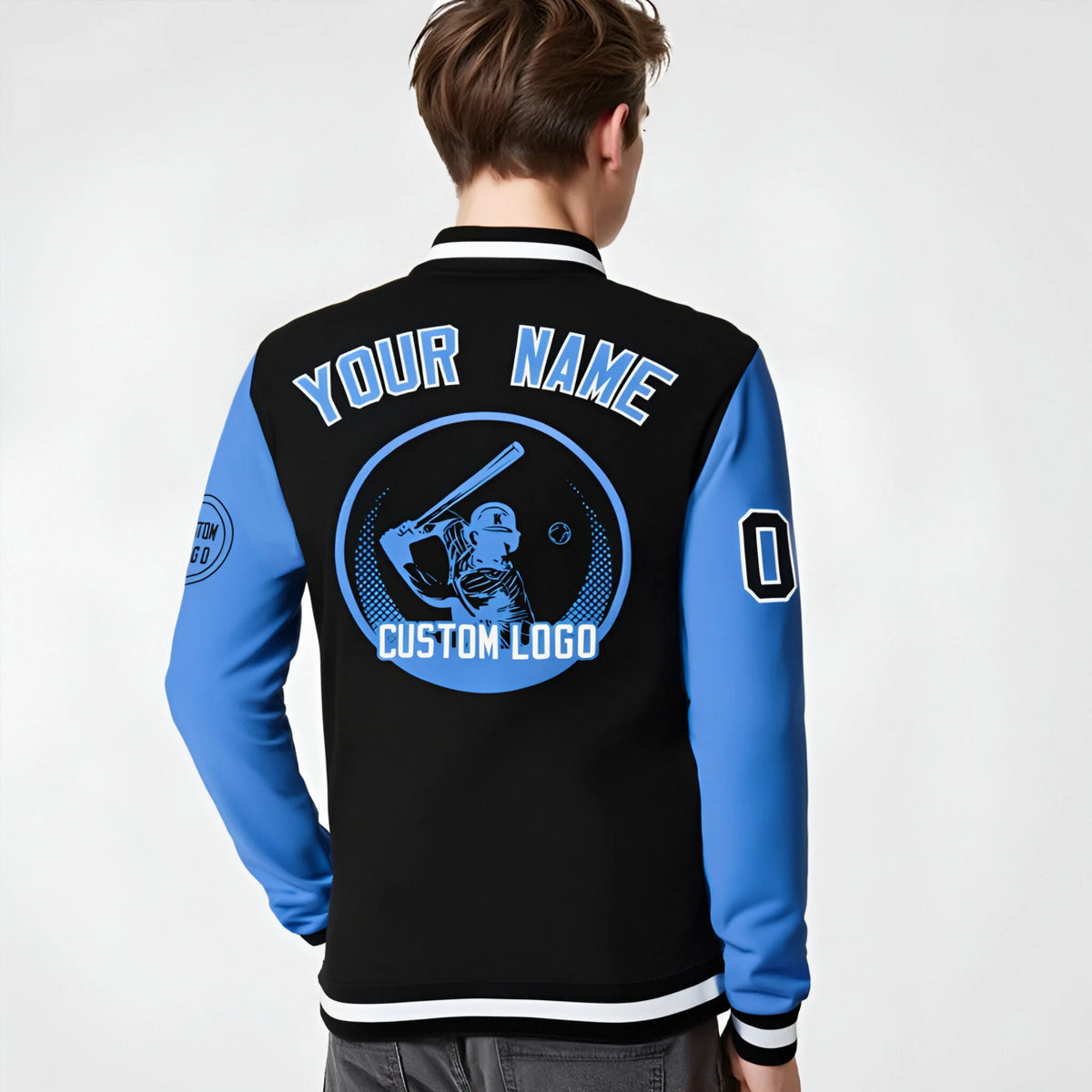 Custom Black Powder Blue Bomber Full-Snap Varsity Letterman Two Tone Jacket