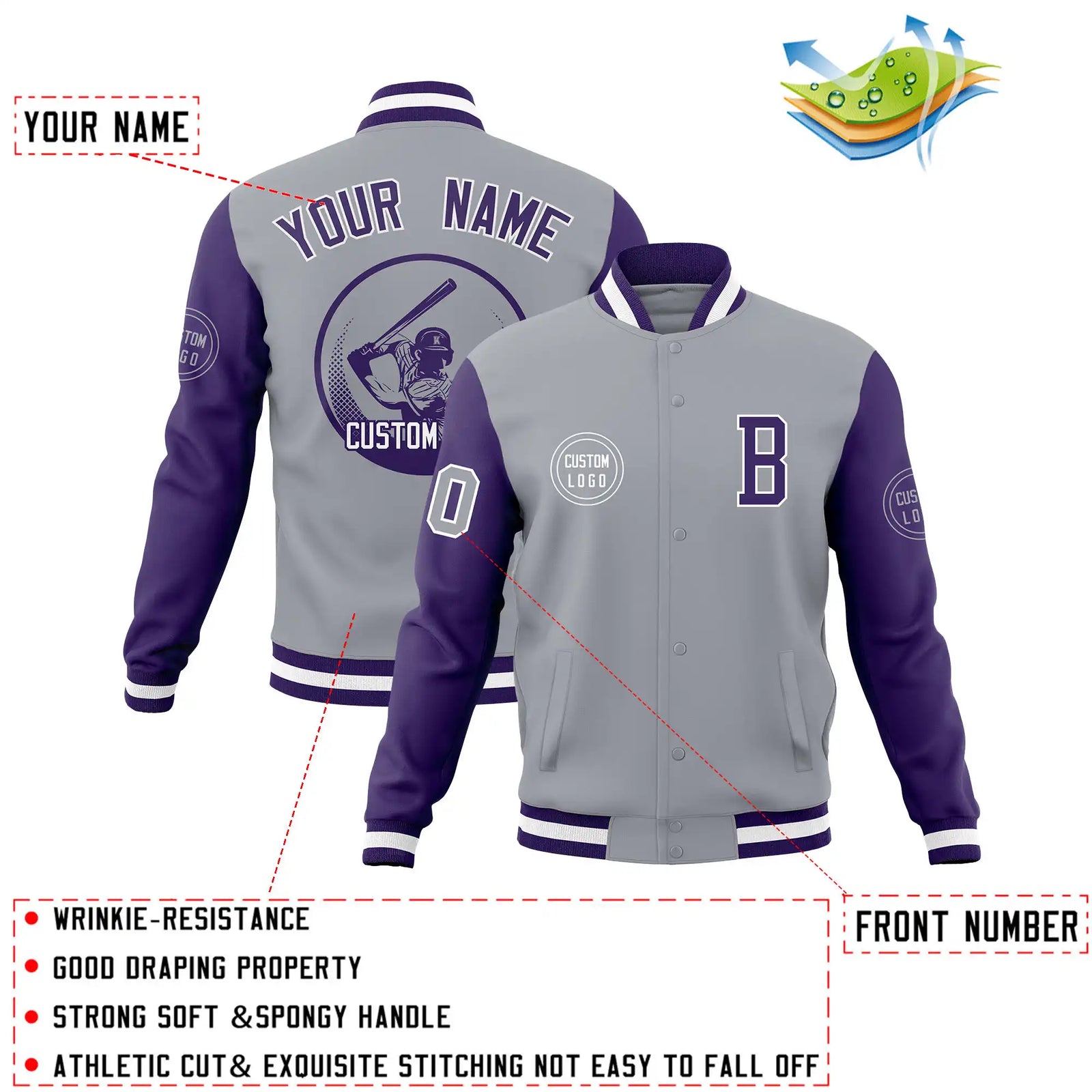 Custom Gray Purple Bomber Full-Snap Varsity Letterman Two Tone Jacket