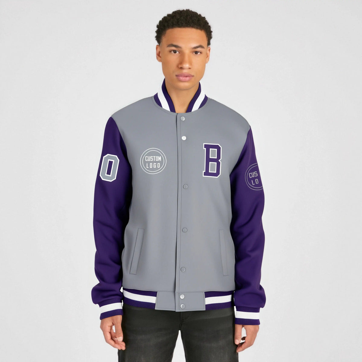 Custom Gray Purple Bomber Full-Snap Varsity Letterman Two Tone Jacket