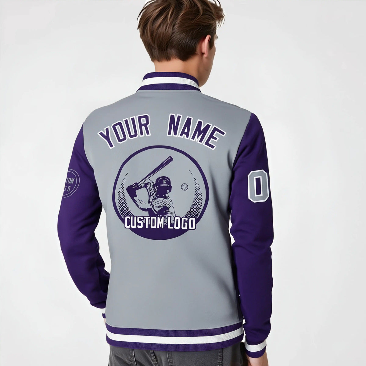 Custom Gray Purple Bomber Full-Snap Varsity Letterman Two Tone Jacket