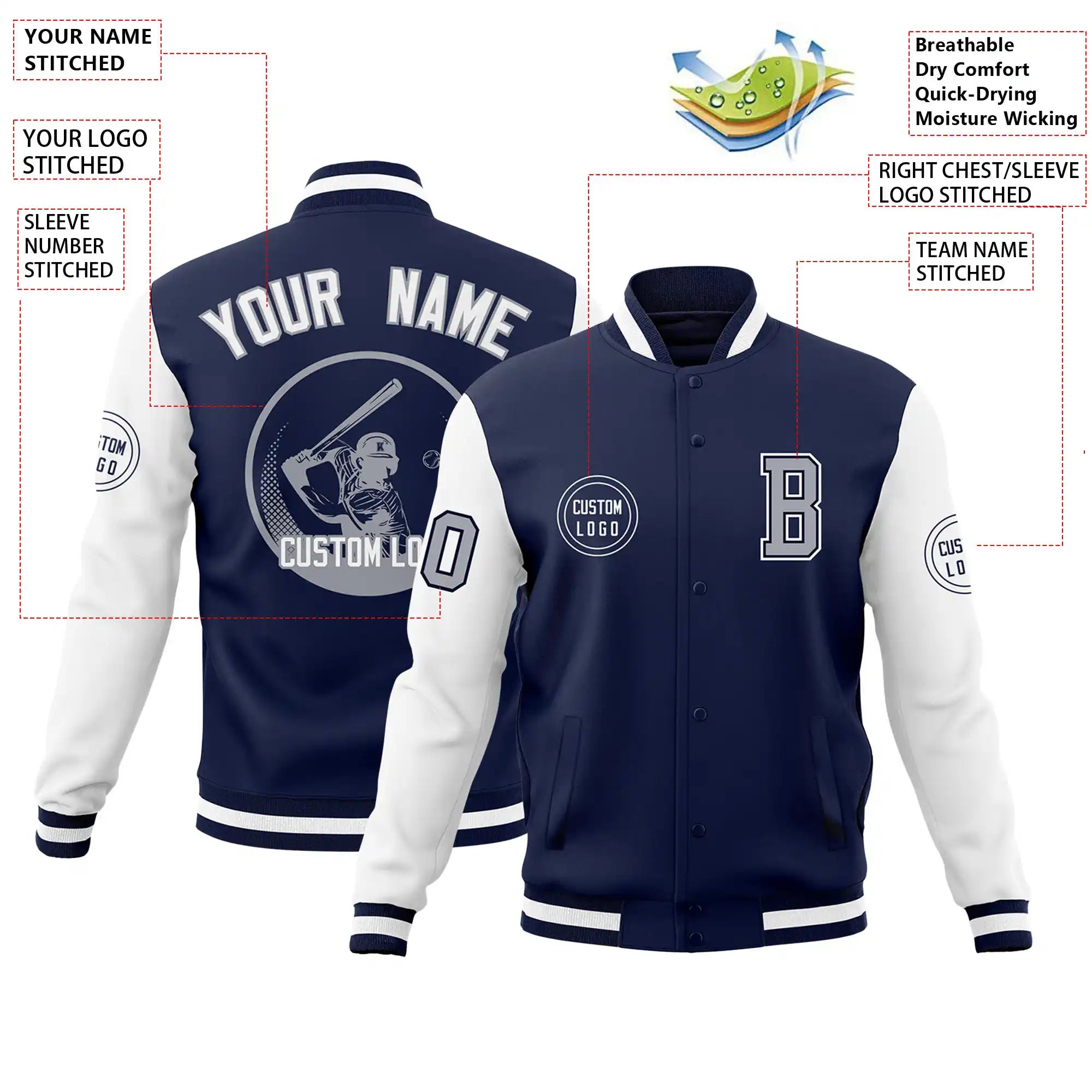 Custom Navy White Bomber Full-Snap Varsity Letterman Two Tone Jacket