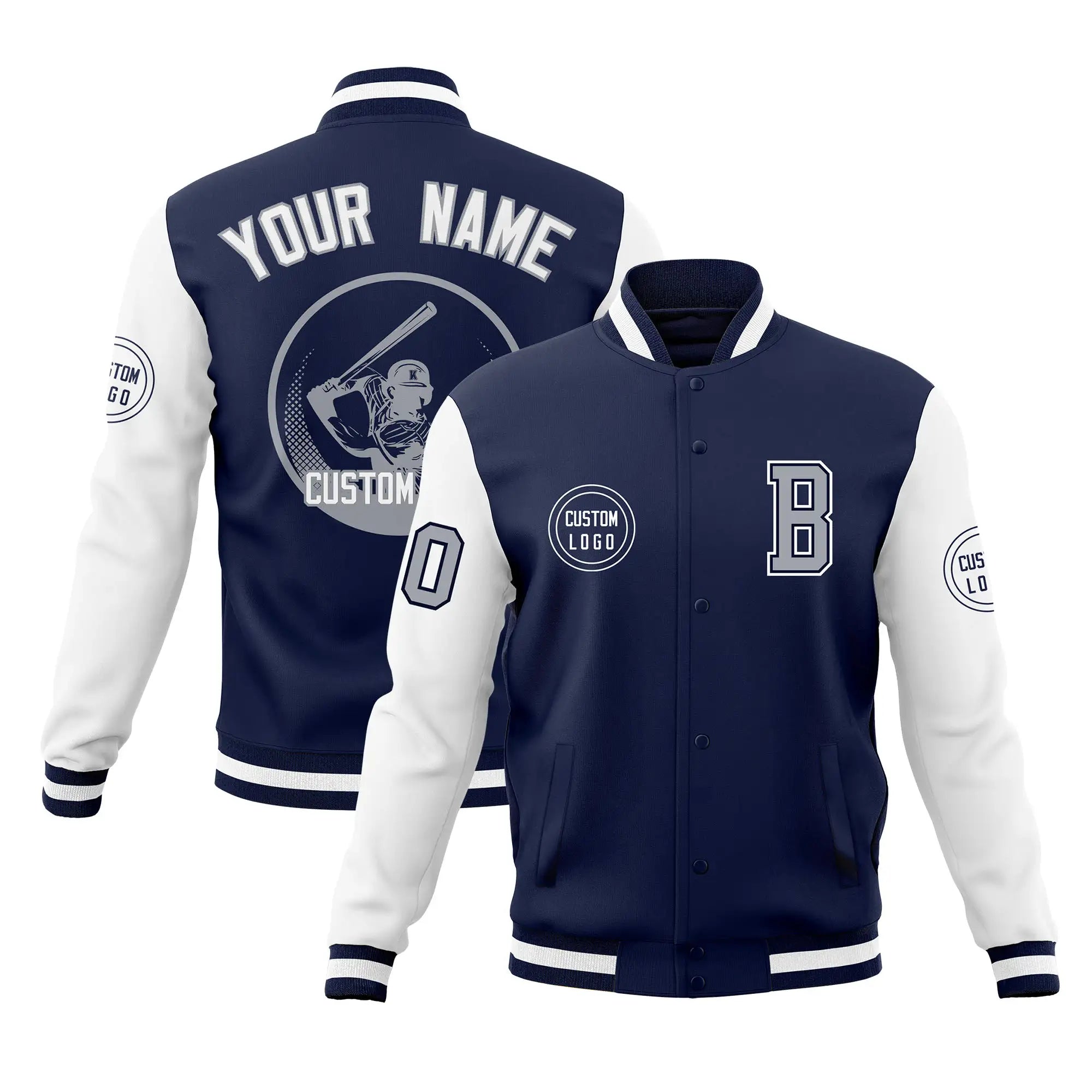 Custom Navy White Bomber Full-Snap Varsity Letterman Two Tone Jacket