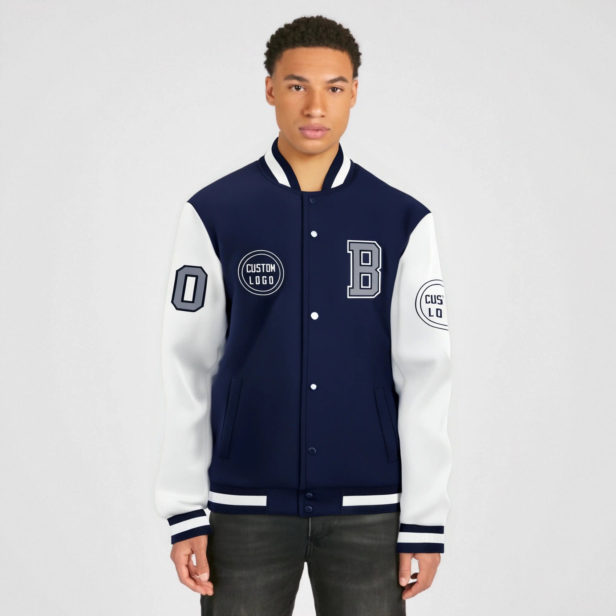 Custom Navy White Bomber Full-Snap Varsity Letterman Two Tone Jacket