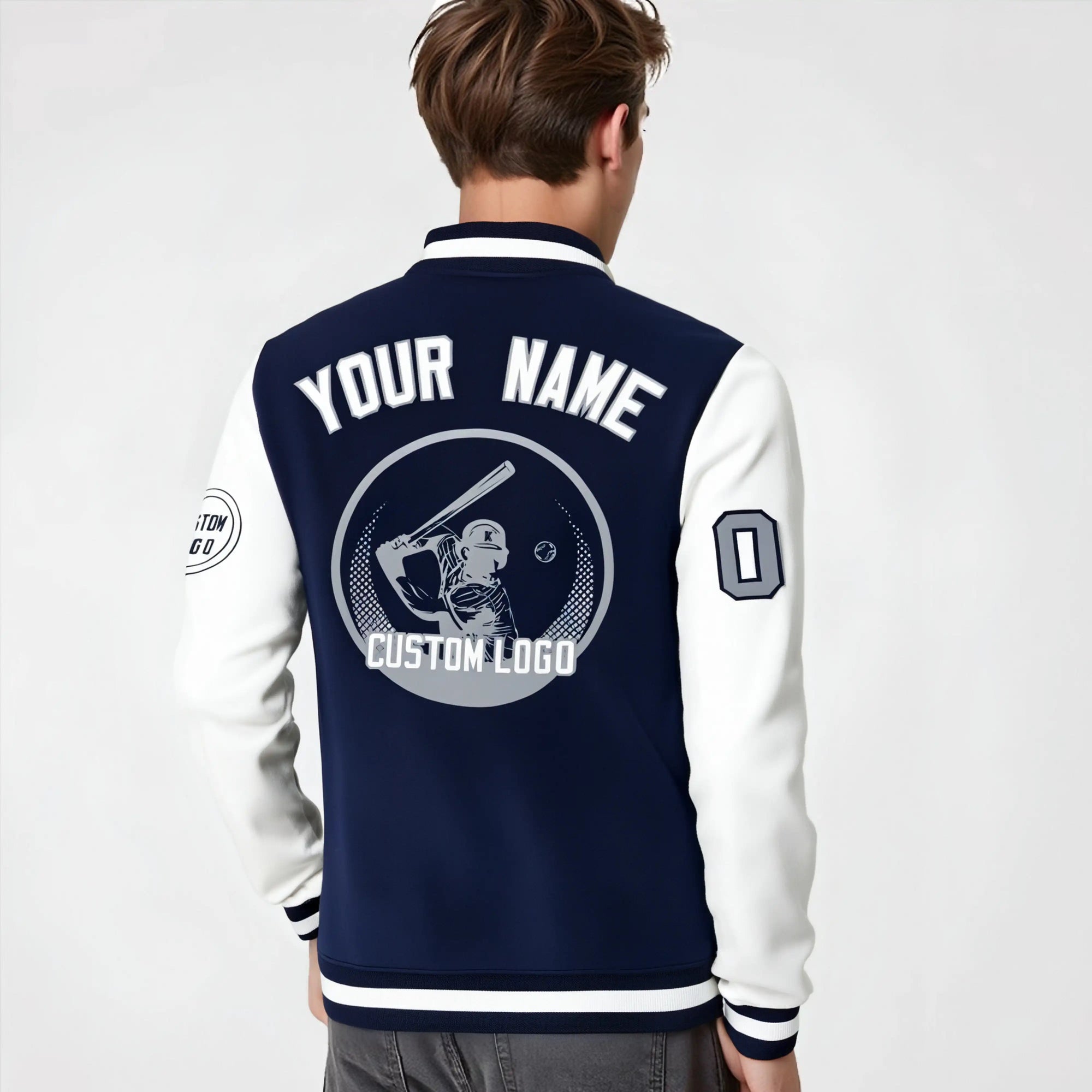 Custom Navy White Bomber Full-Snap Varsity Letterman Two Tone Jacket