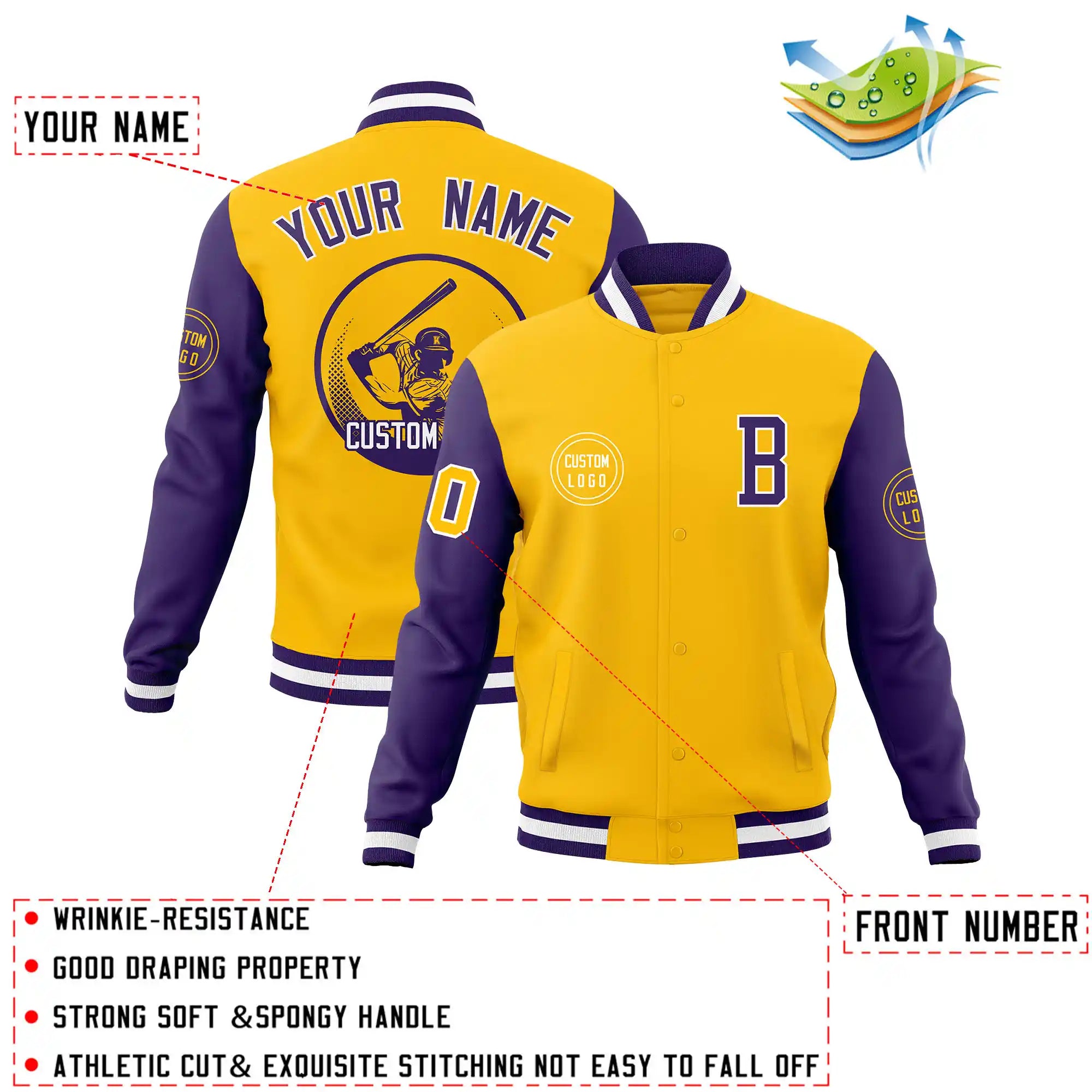 Custom Gold-1 Purple Bomber Full-Snap Varsity Letterman Two Tone Jacket