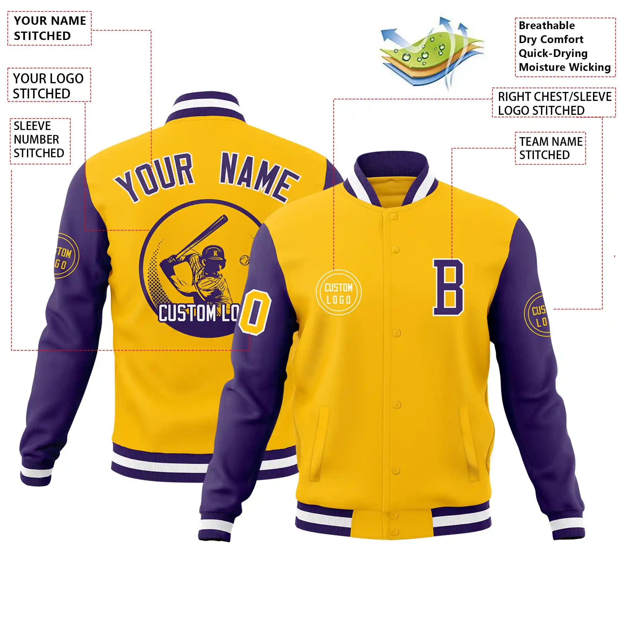 Custom Gold-1 Purple Bomber Full-Snap Varsity Letterman Two Tone Jacket