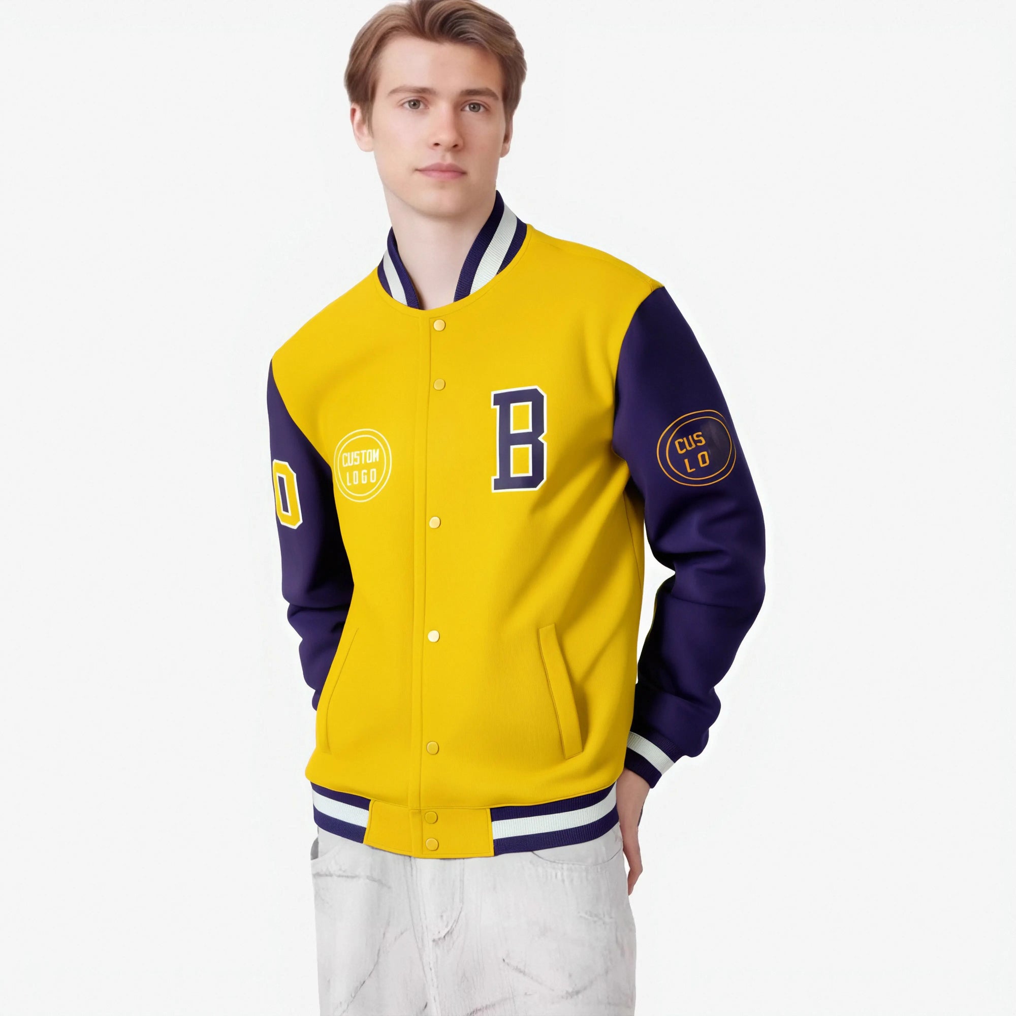 Custom Gold-1 Purple Bomber Full-Snap Varsity Letterman Two Tone Jacket