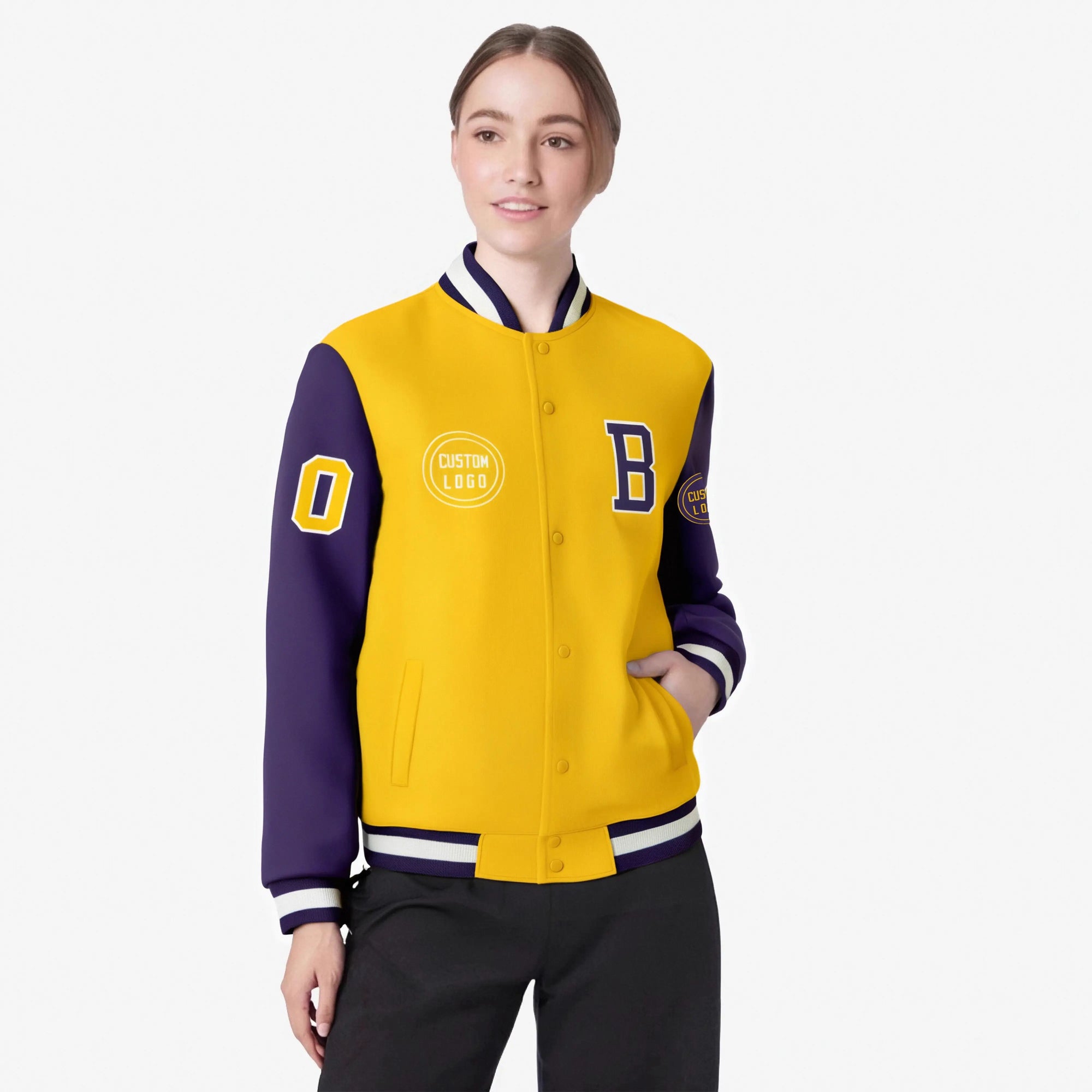 Custom Gold-1 Purple Bomber Full-Snap Varsity Letterman Two Tone Jacket