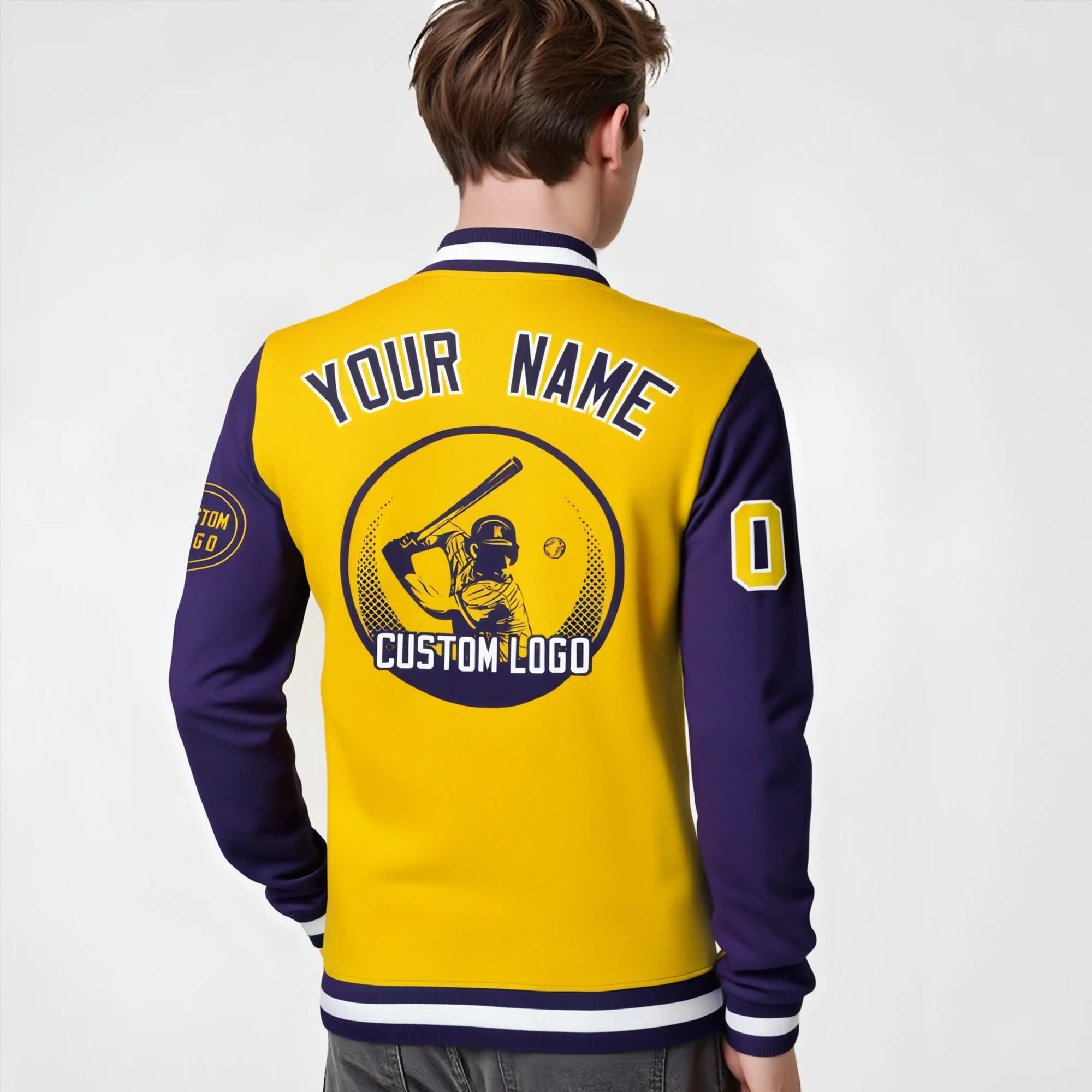 Custom Gold-1 Purple Bomber Full-Snap Varsity Letterman Two Tone Jacket