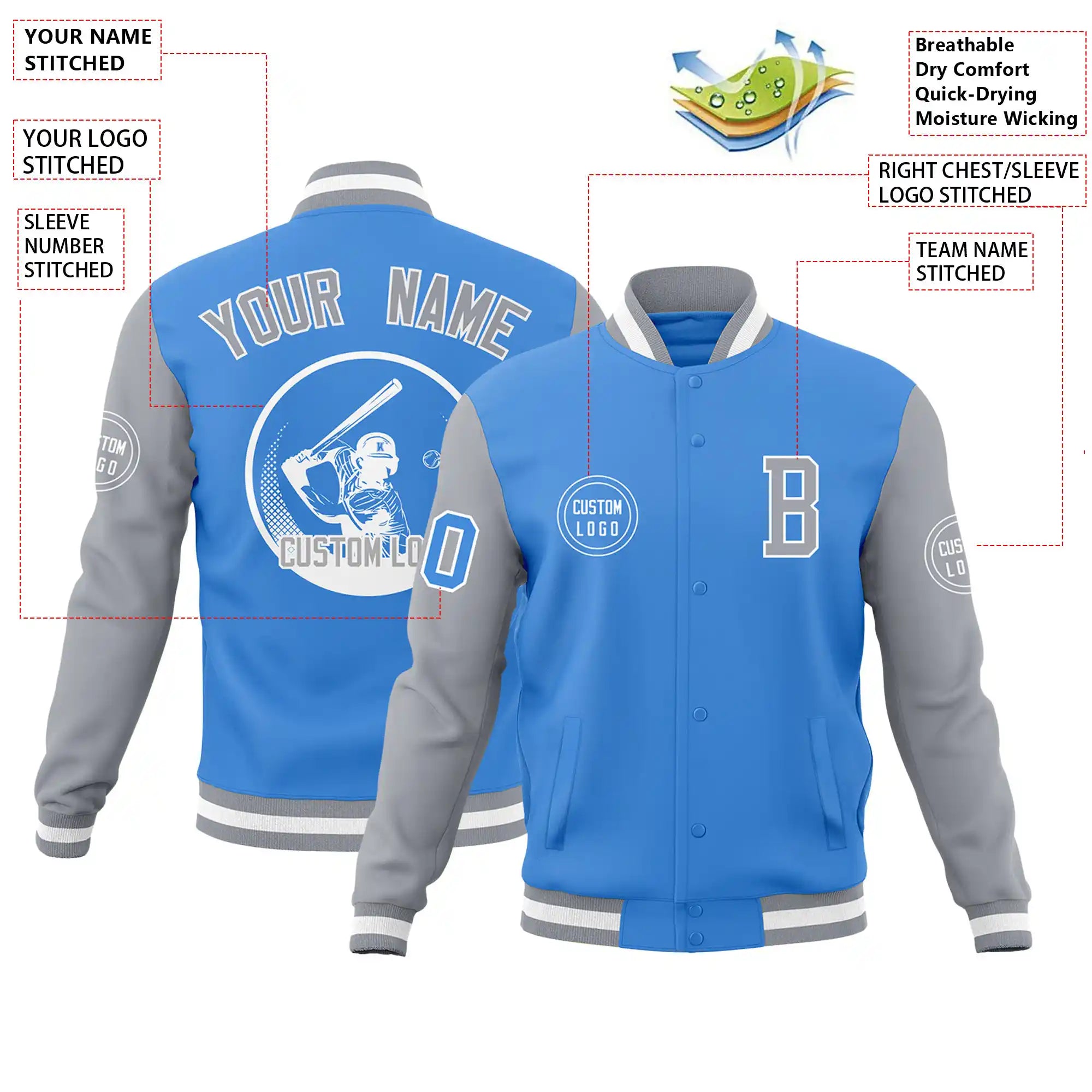 Custom Light Blue Gray Bomber Full-Snap Varsity Letterman Two Tone Jacket