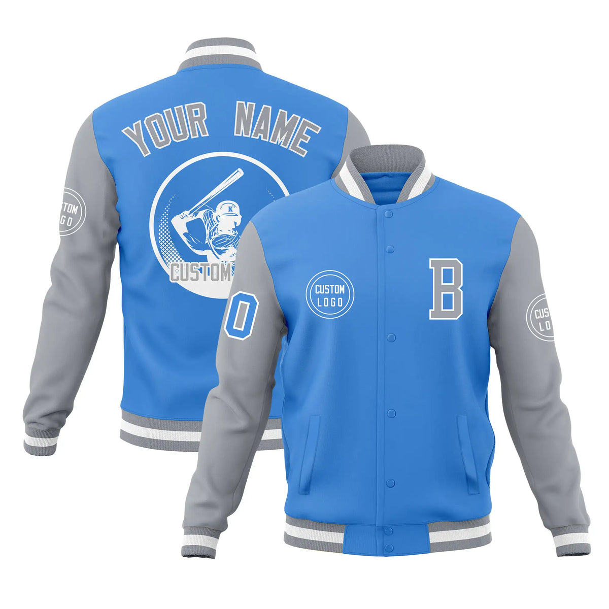 Custom Light Blue Gray Bomber Full-Snap Varsity Letterman Two Tone Jacket