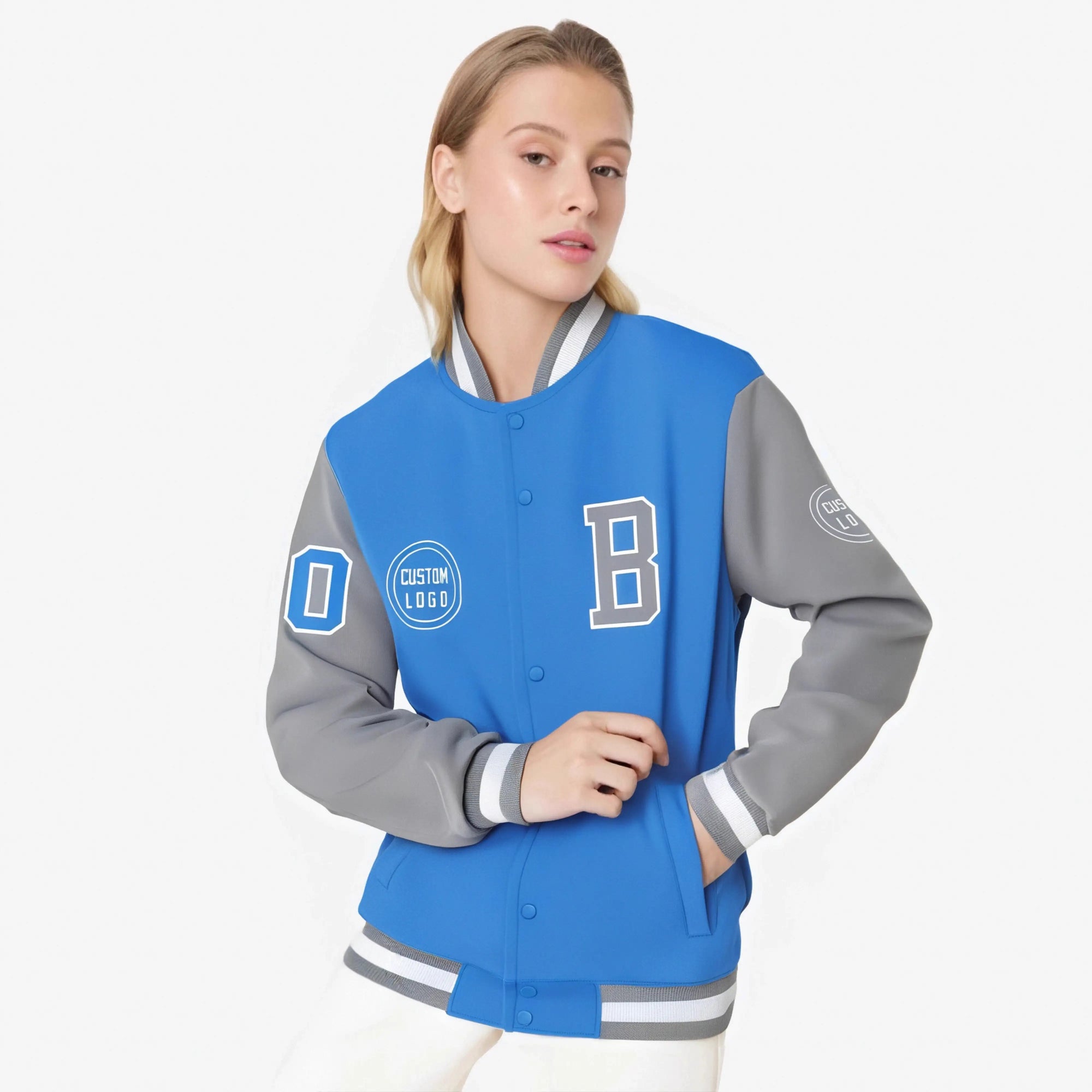 Custom Light Blue Gray Bomber Full-Snap Varsity Letterman Two Tone Jacket