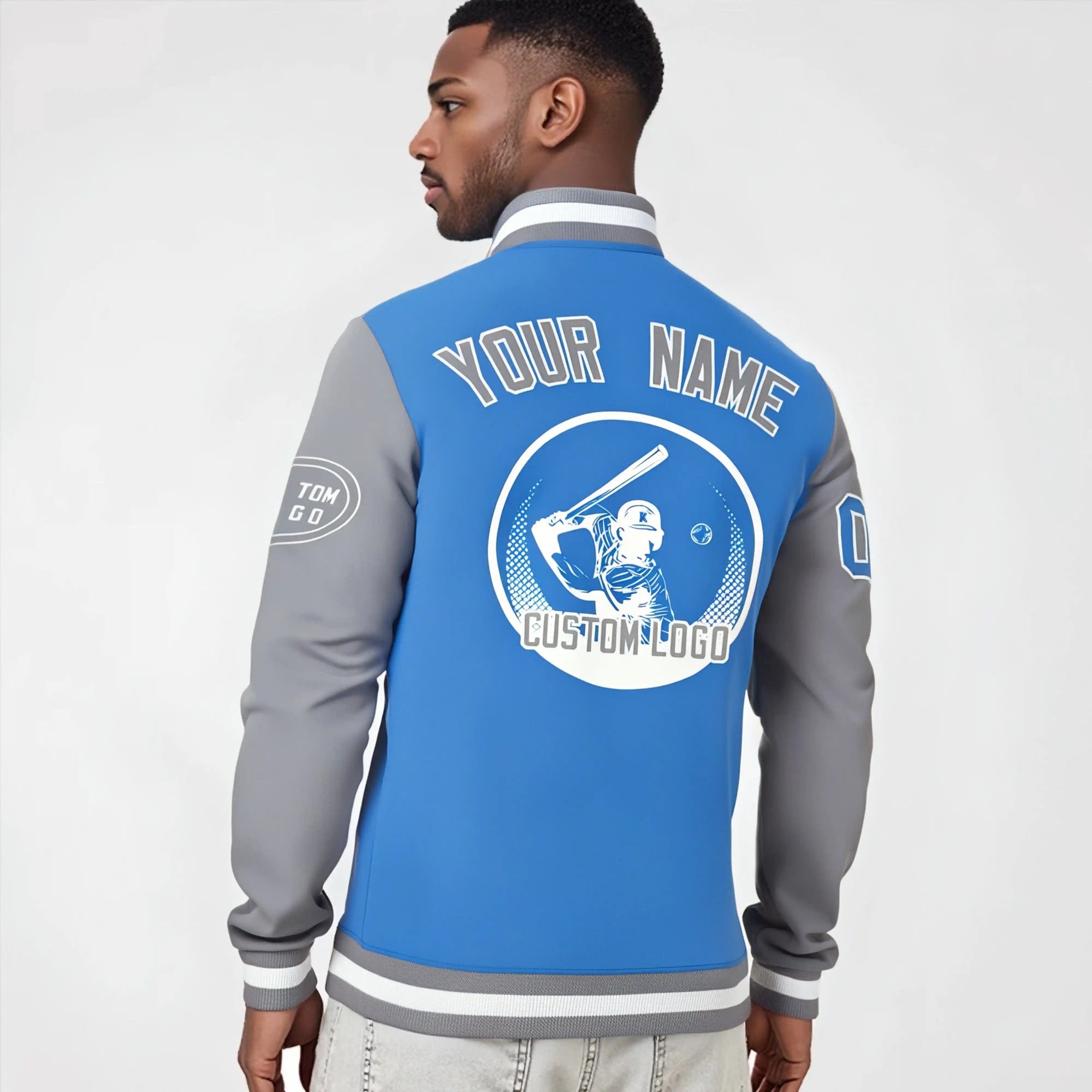 Custom Light Blue Gray Bomber Full-Snap Varsity Letterman Two Tone Jacket