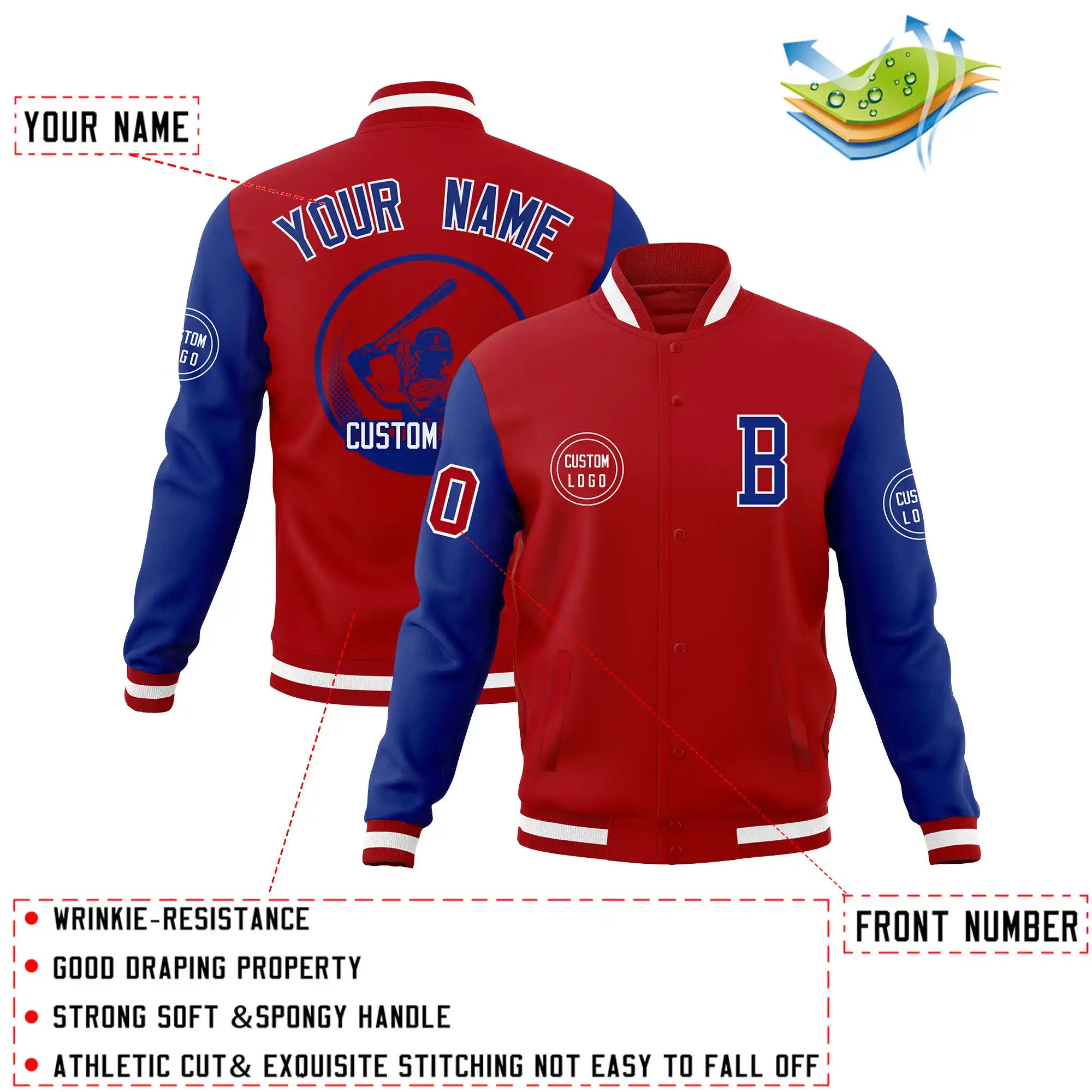 Custom Red Royal Blue Bomber Full-Snap Varsity Letterman Two Tone Jacket