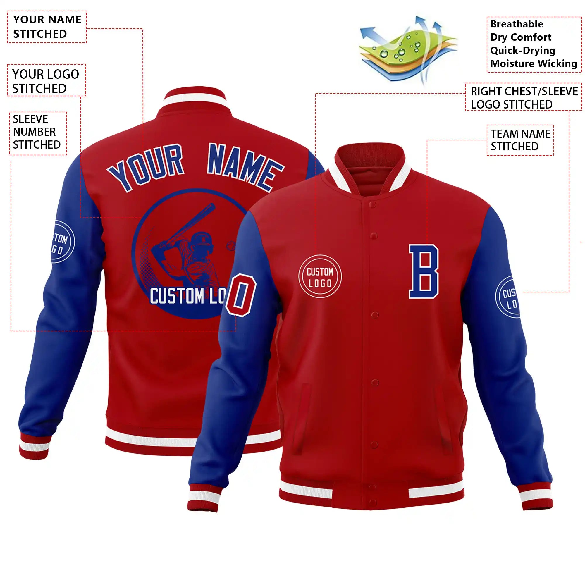 Custom Red Royal Blue Bomber Full-Snap Varsity Letterman Two Tone Jacket